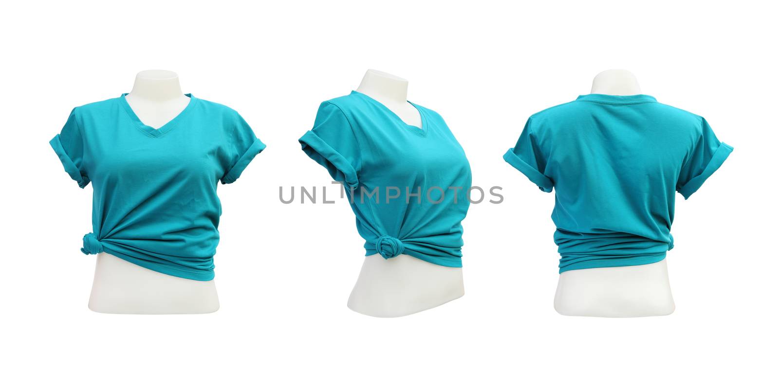 set of female tshirt template on the mannequin on white background 
