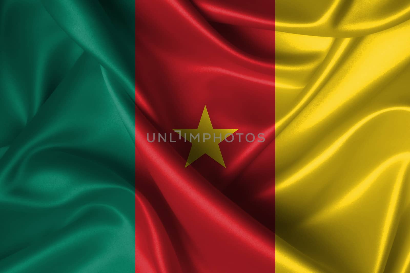 Realistic wavy flag of Cameroon.