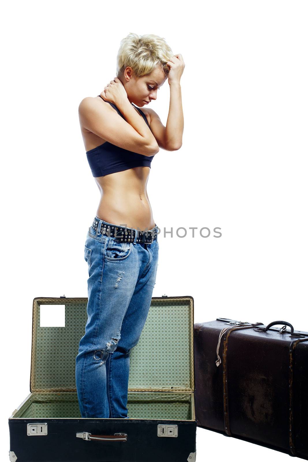 Girl, bags and difficult solutions for vacation isolated on white background