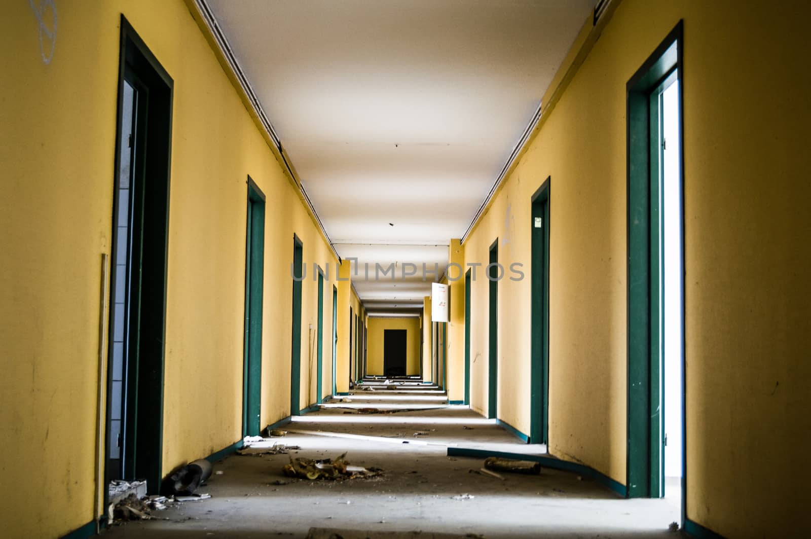 Long corridor in an old abandoned building