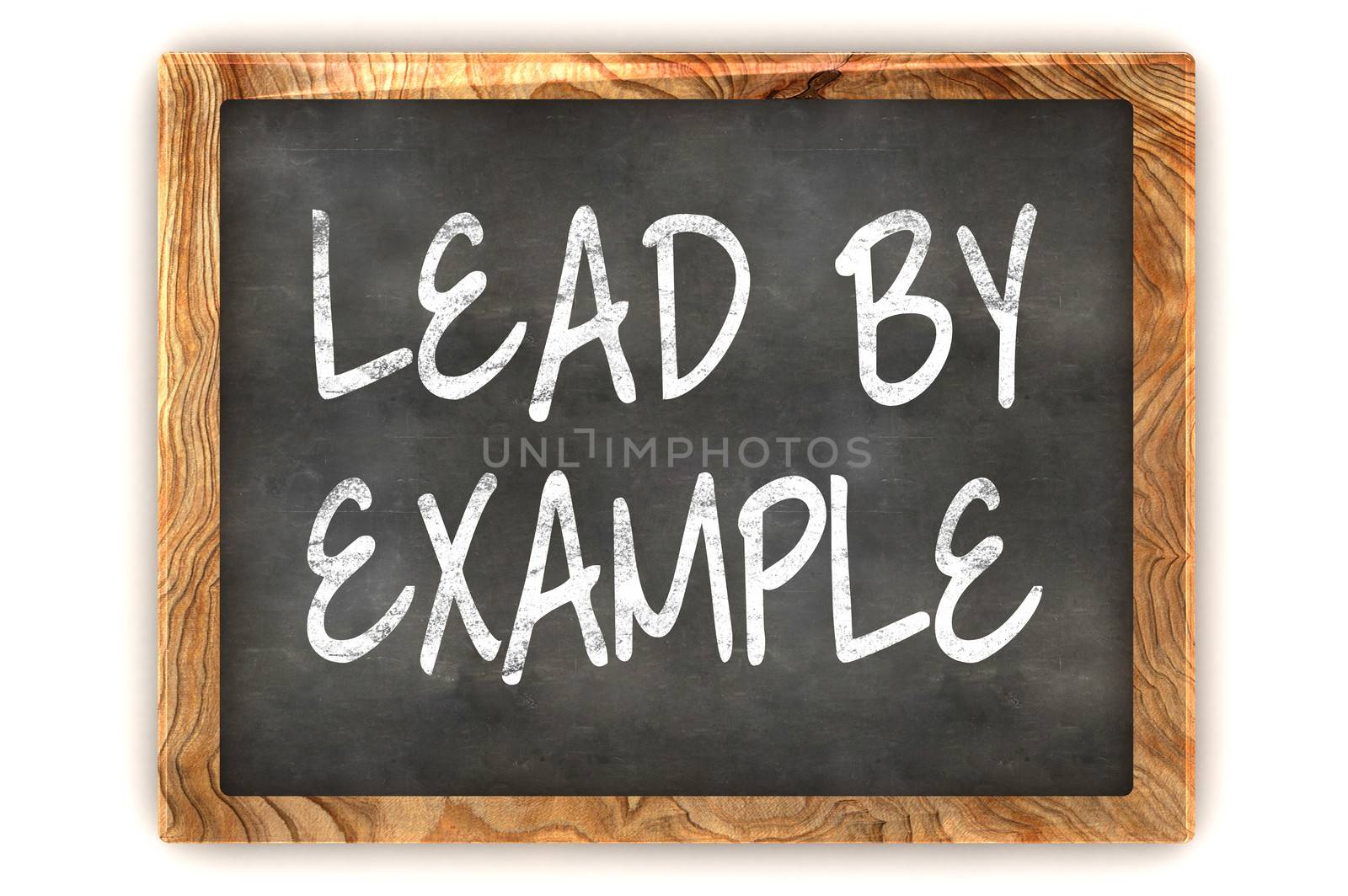 A Colourful 3d Rendered Concept Illustration showing "Lead By Example" writen on a Blackboard with white chalk