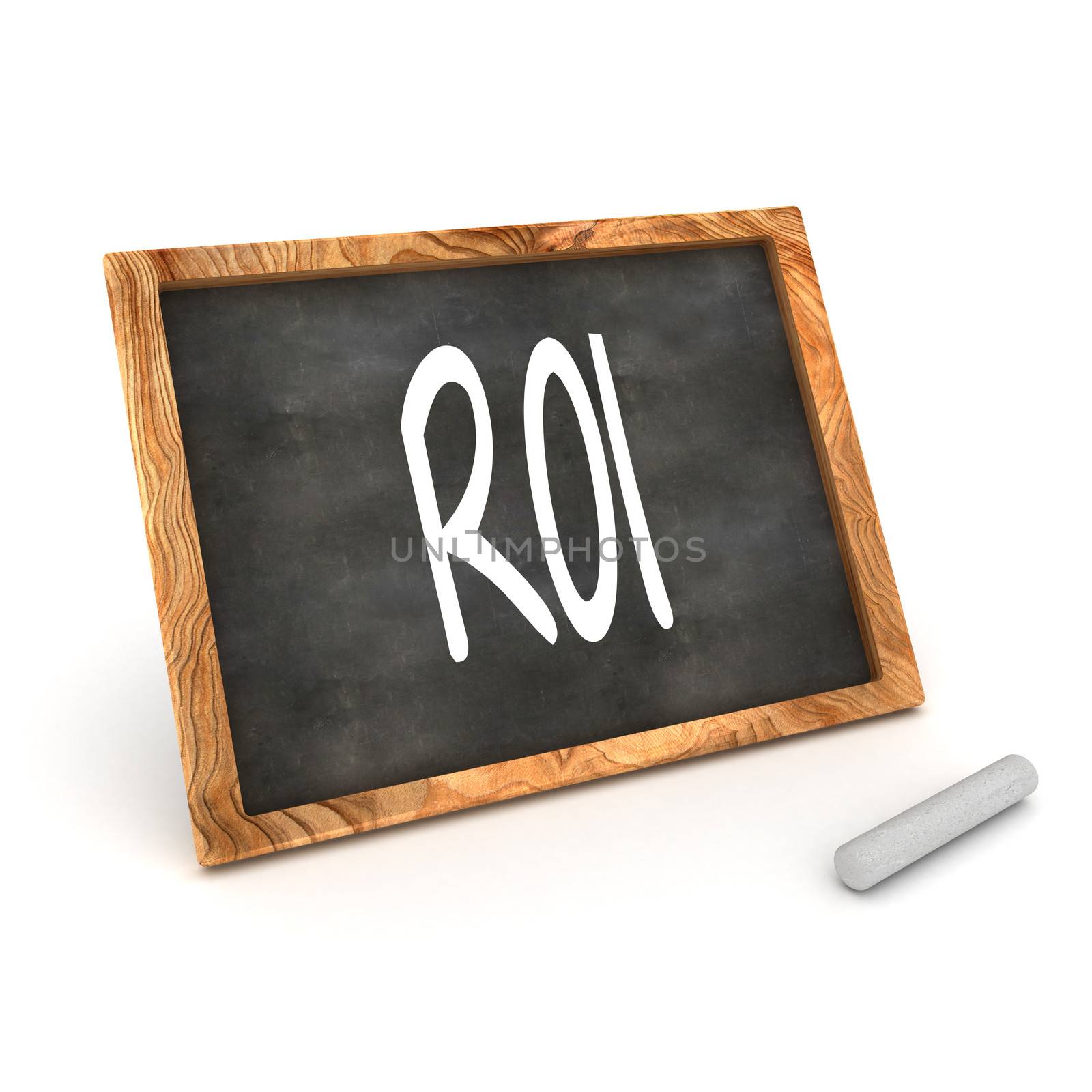 A Colourful 3d Rendered Concept Illustration showing "ROI" writen on a Blackboard with white chalk