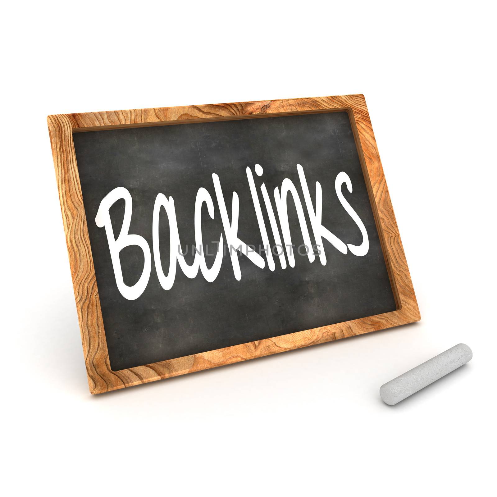 A Colourful 3d Rendered Concept Illustration showing "Backlinks" writen on a Blackboard with white chalk