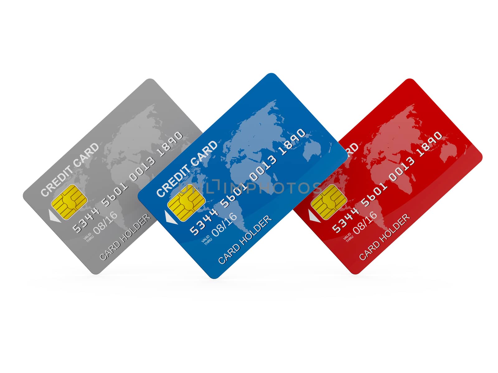 Colorful (silver, blue, red) credit cards on isolated white background.
