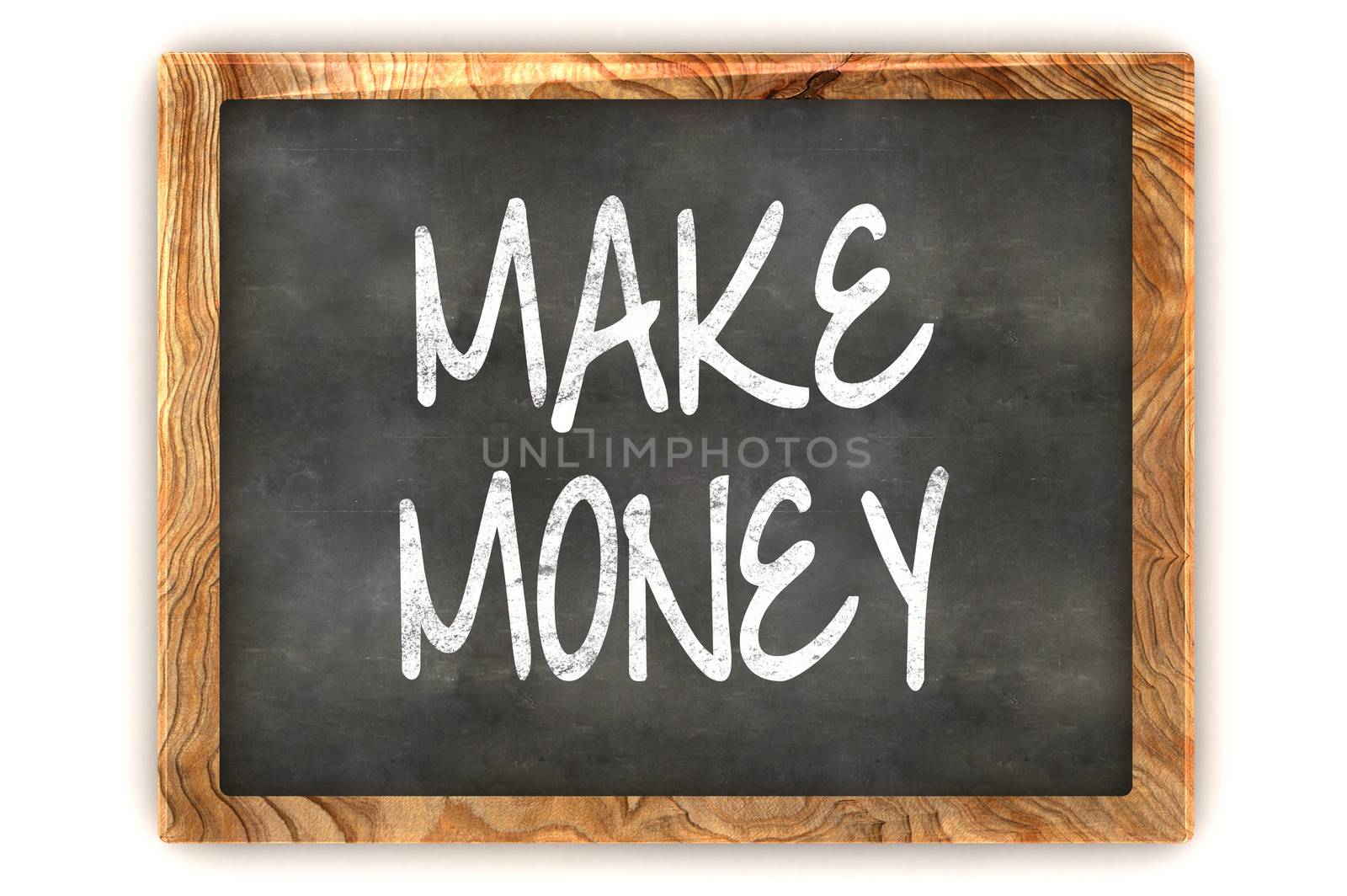 A Colourful 3d Rendered Blackboard Concept Illustration, showing the words "Make Money"