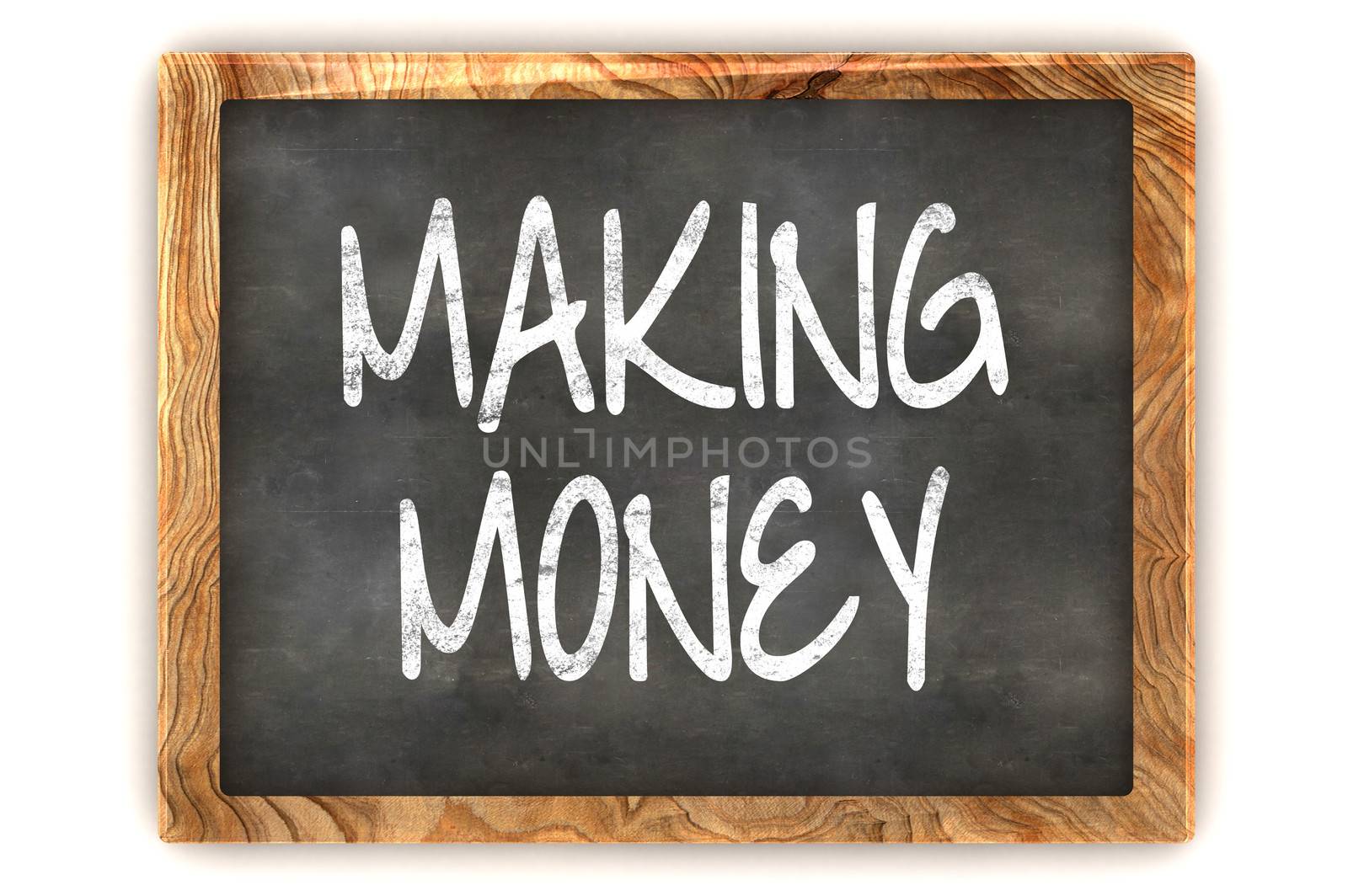 A Colourful 3d Rendered Blackboard Concept Illustration, showing the words "Making Money"