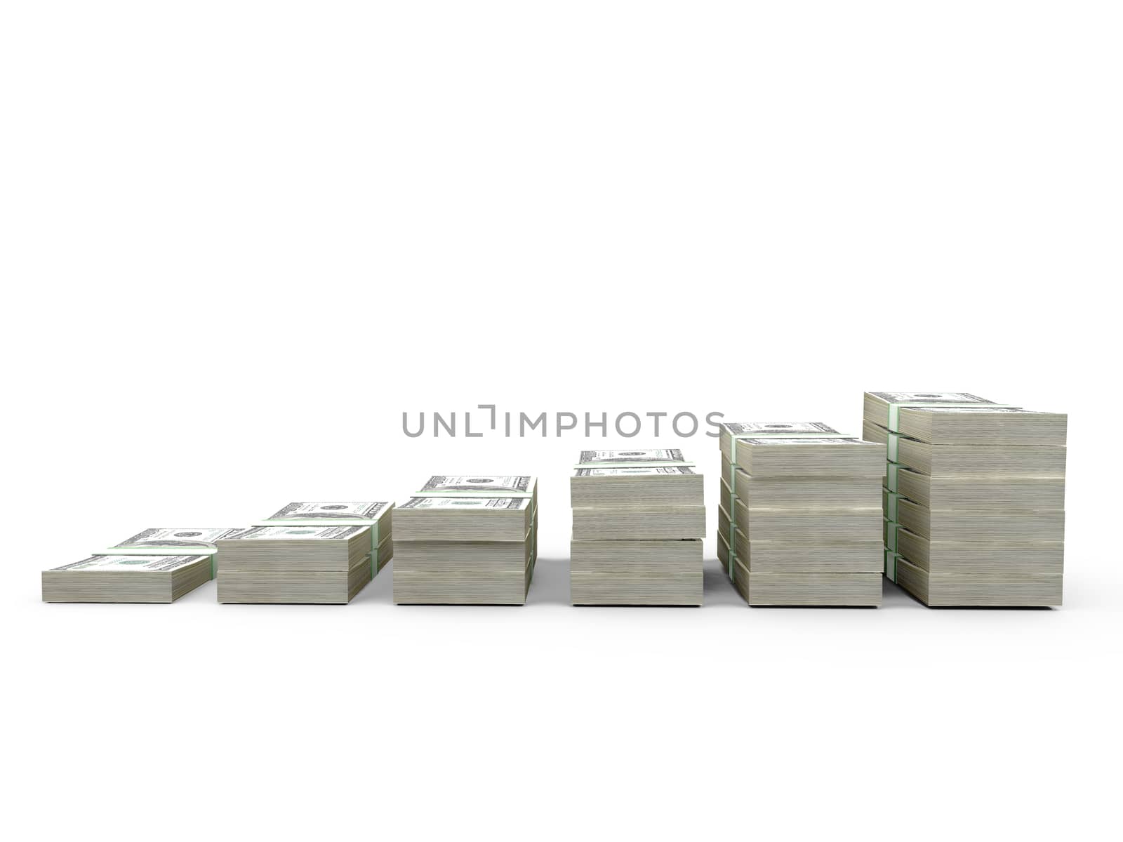 Stack of one hundred dollar bills row, isolated on white.