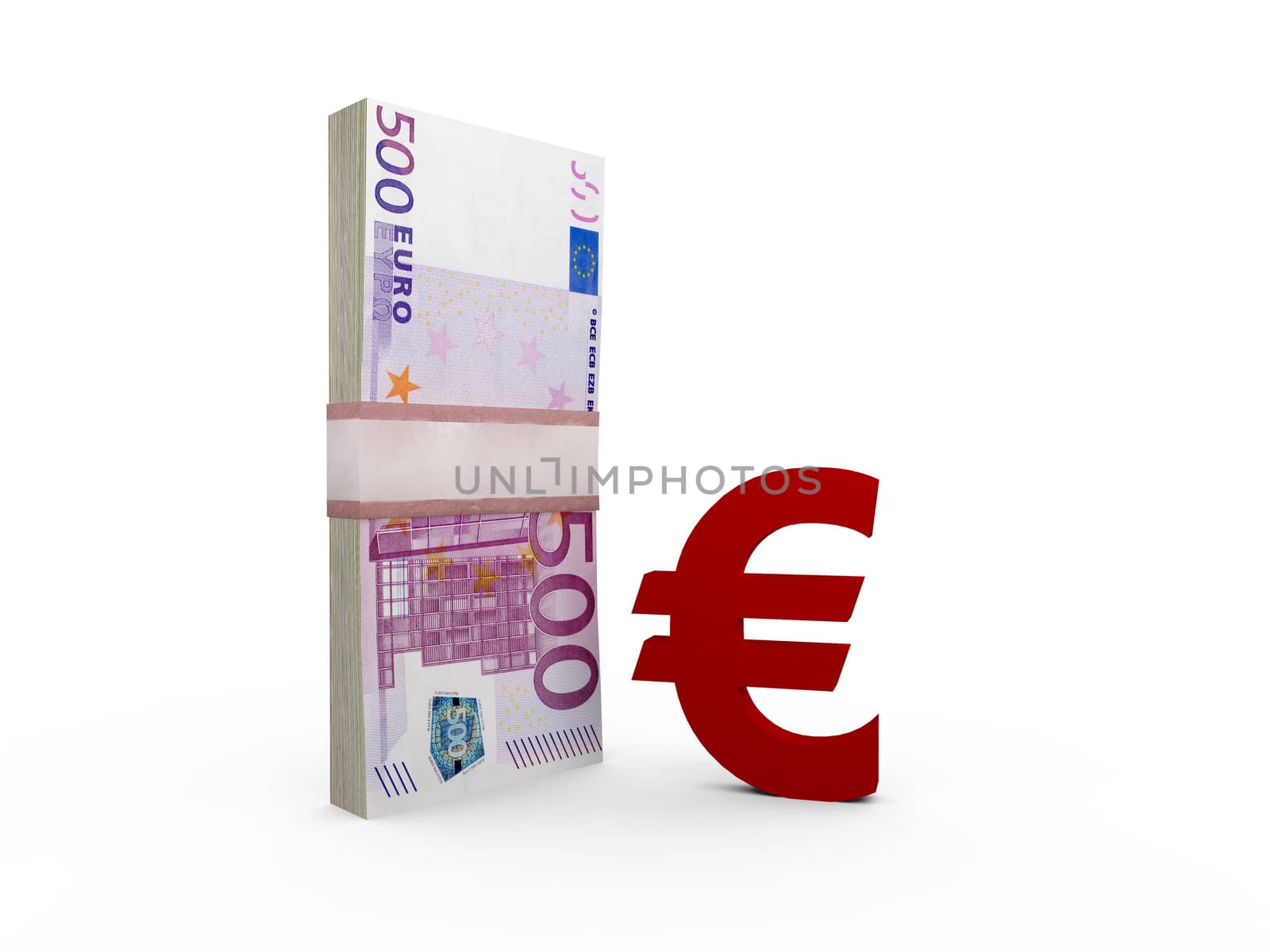 Stack of euro bills and red euro sign, isolated on white.
