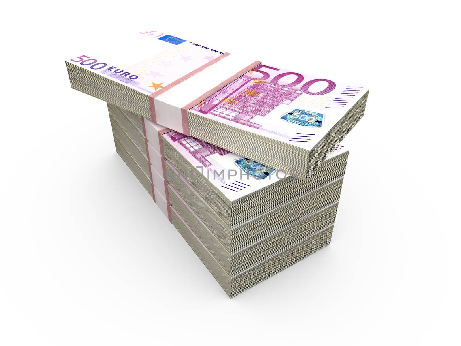 Stack of five hundred euro bills, isolated on white.