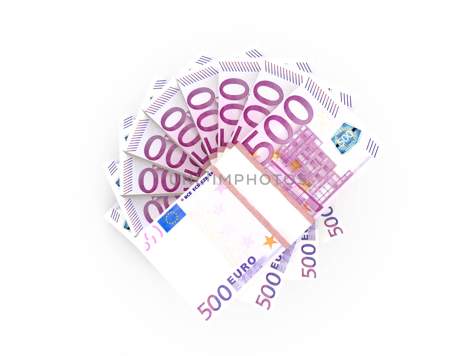 Stack of five hundred euro bills, isolated on white.
