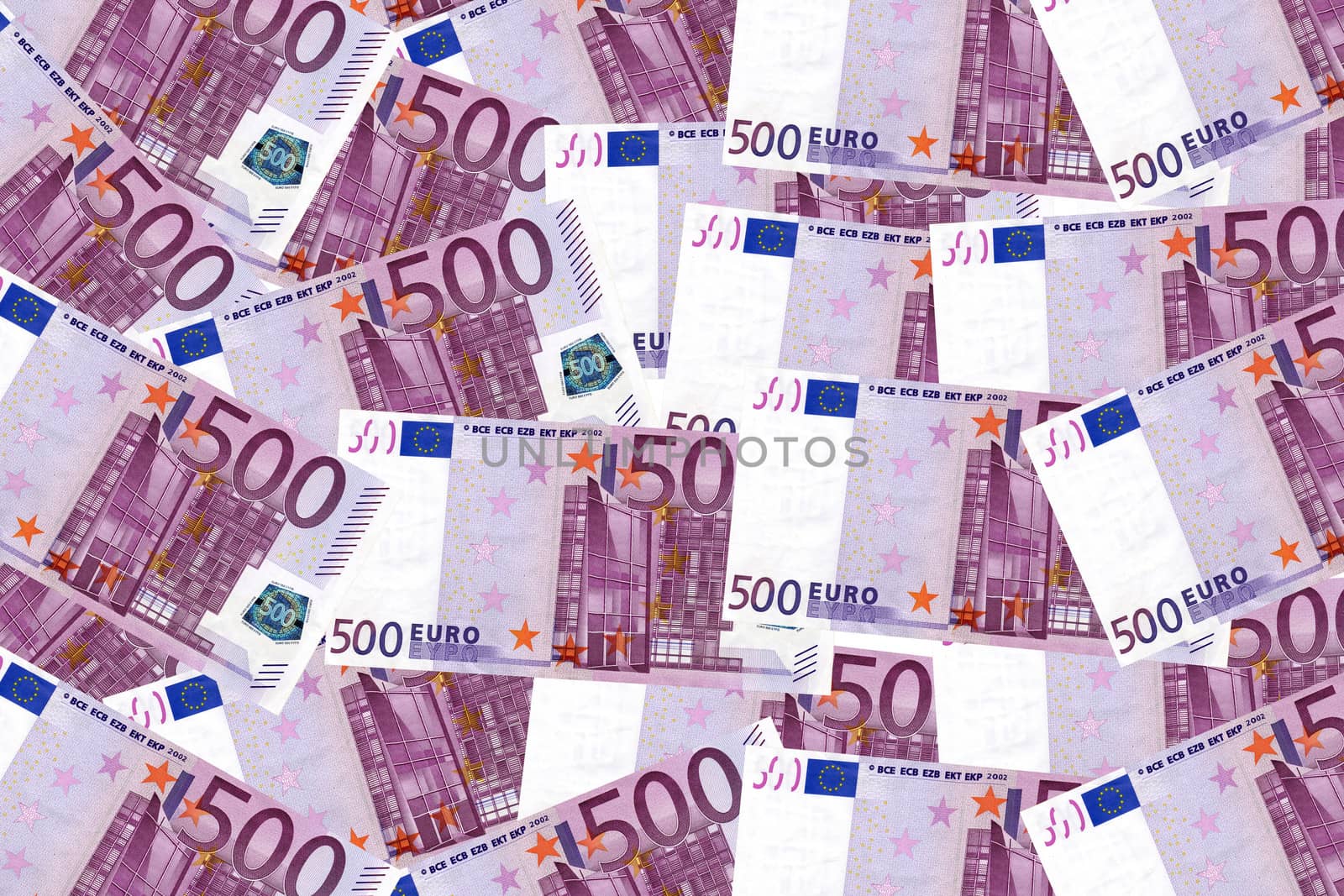 Five hundred euro bank notes on background.