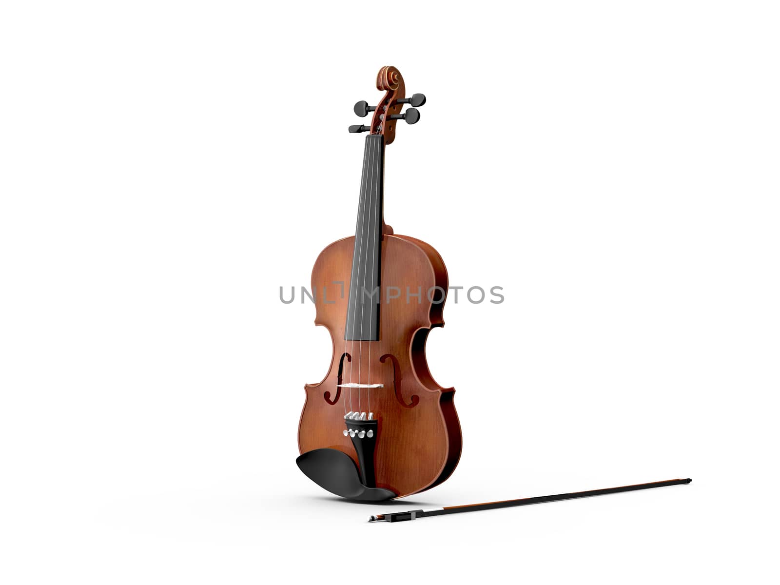 Standing wooden violin, front view, isolated on white background.