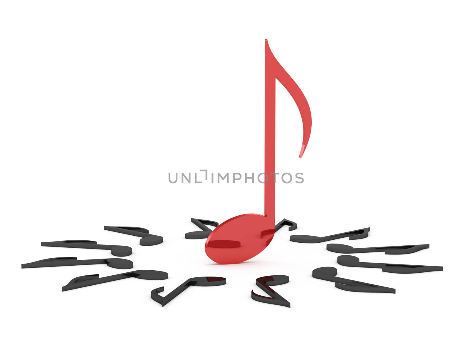 Teaching and learning concept, leadership of red musical note, isolated on white background.