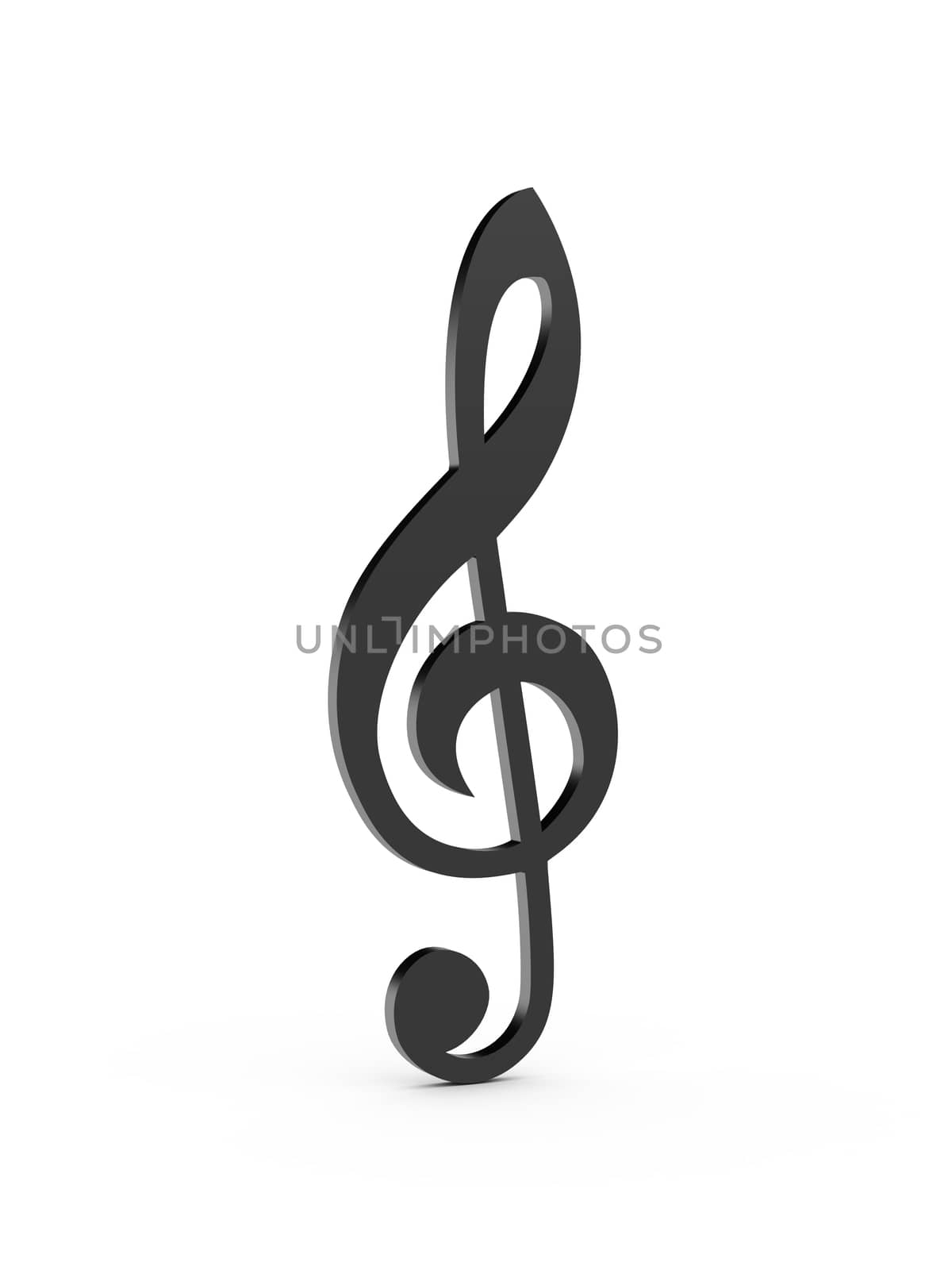 Musical note, black treble clef, isolated on white background.