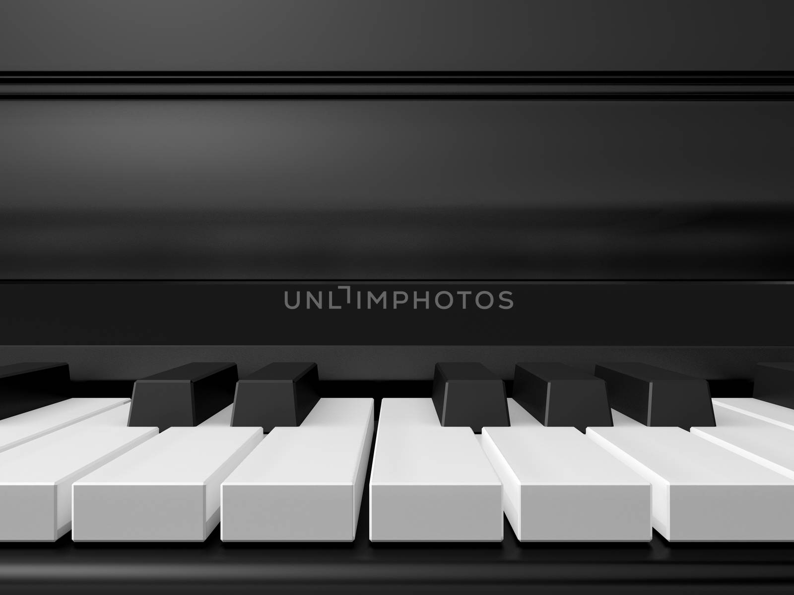 Piano keys on black grand piano, front view.
