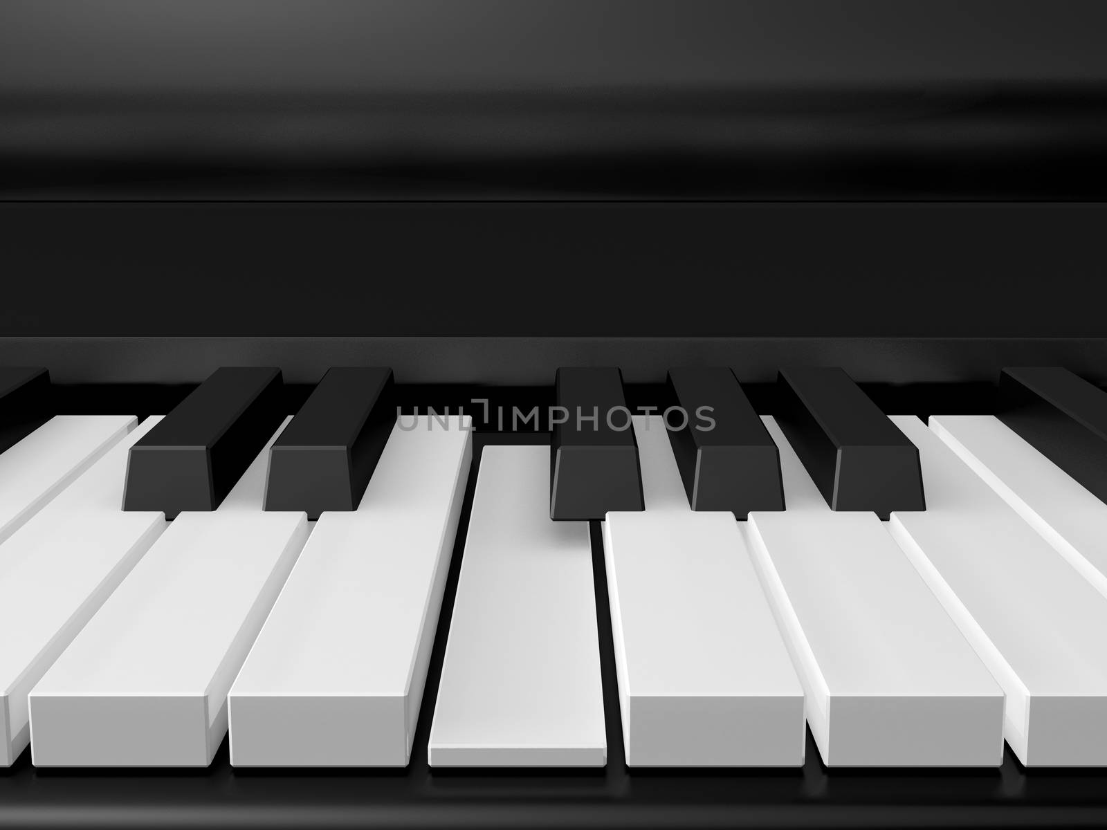 Piano keys on black grand piano and one key pressed, front view.