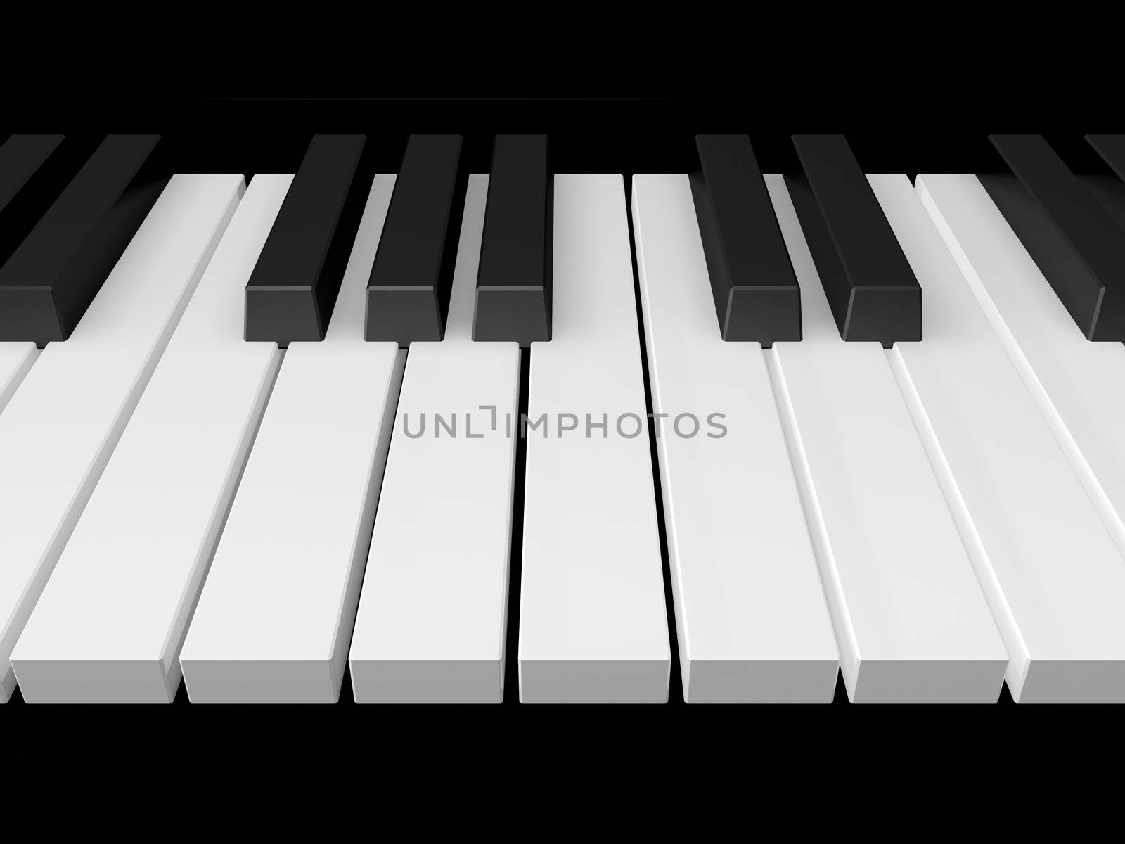Piano keys on black grand piano, front view.