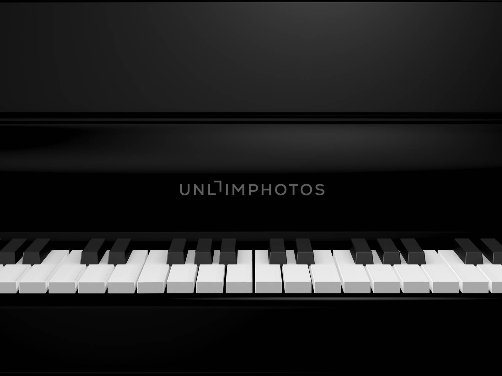 Piano keys on black grand piano, front view.