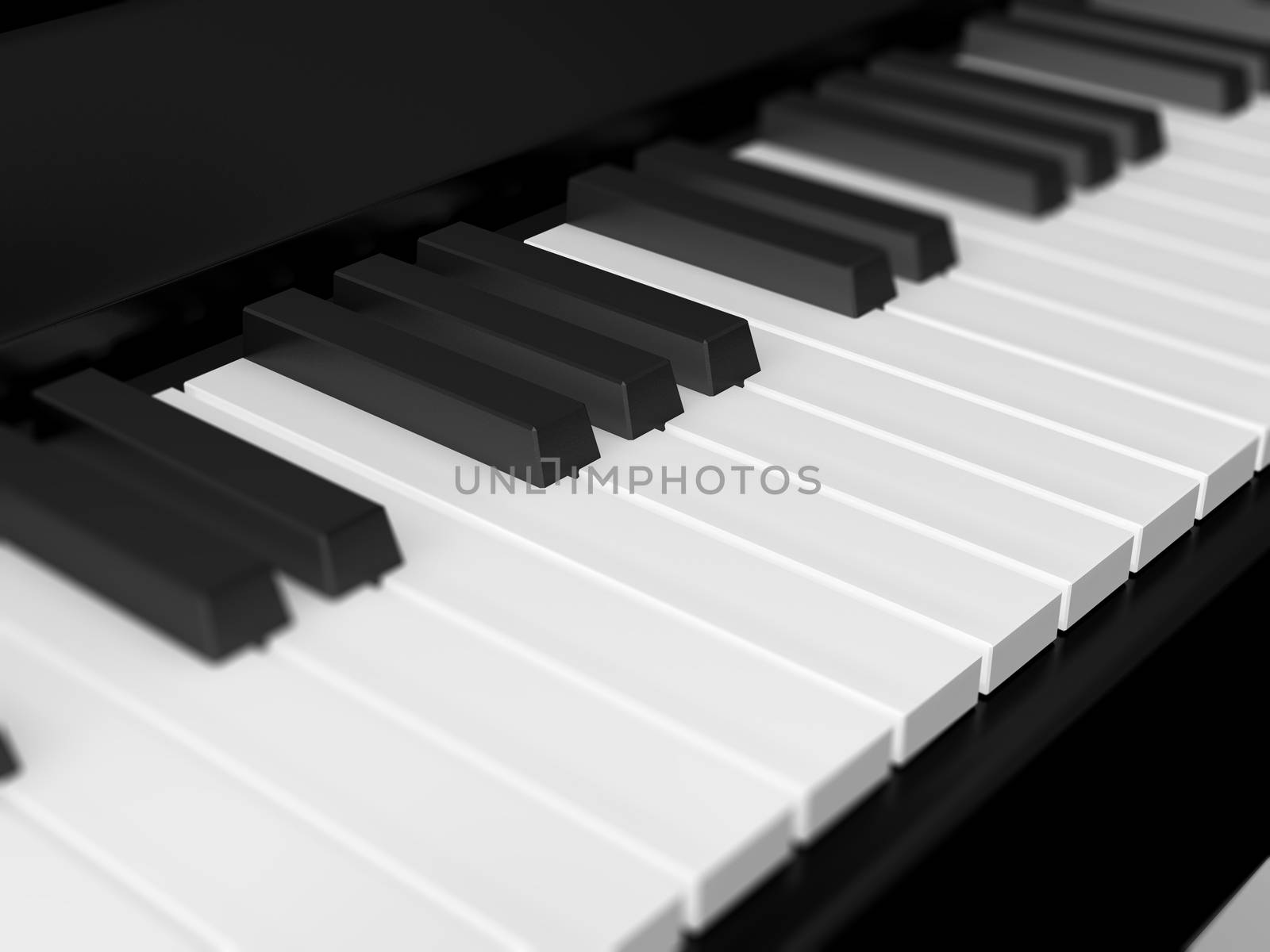Piano keys on black grand piano with depth of field.
