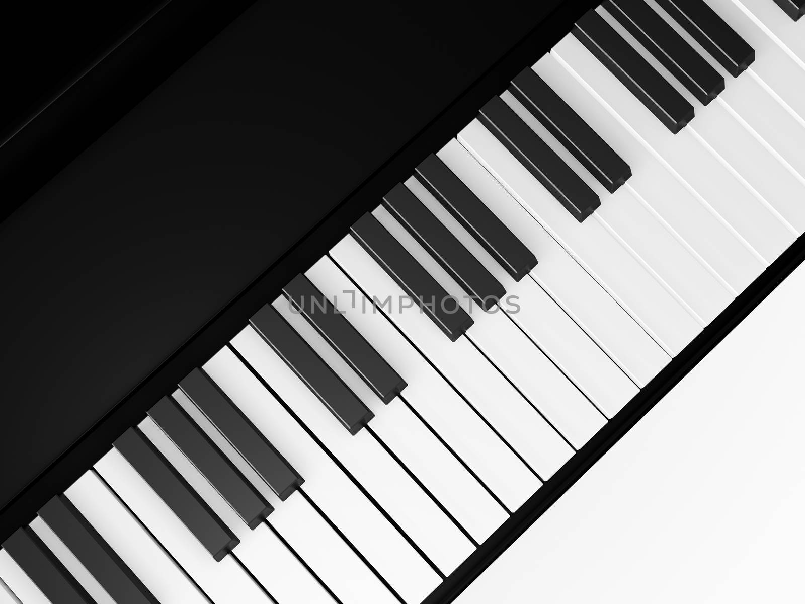 Piano keys on grand piano, top view, isolated on white background.