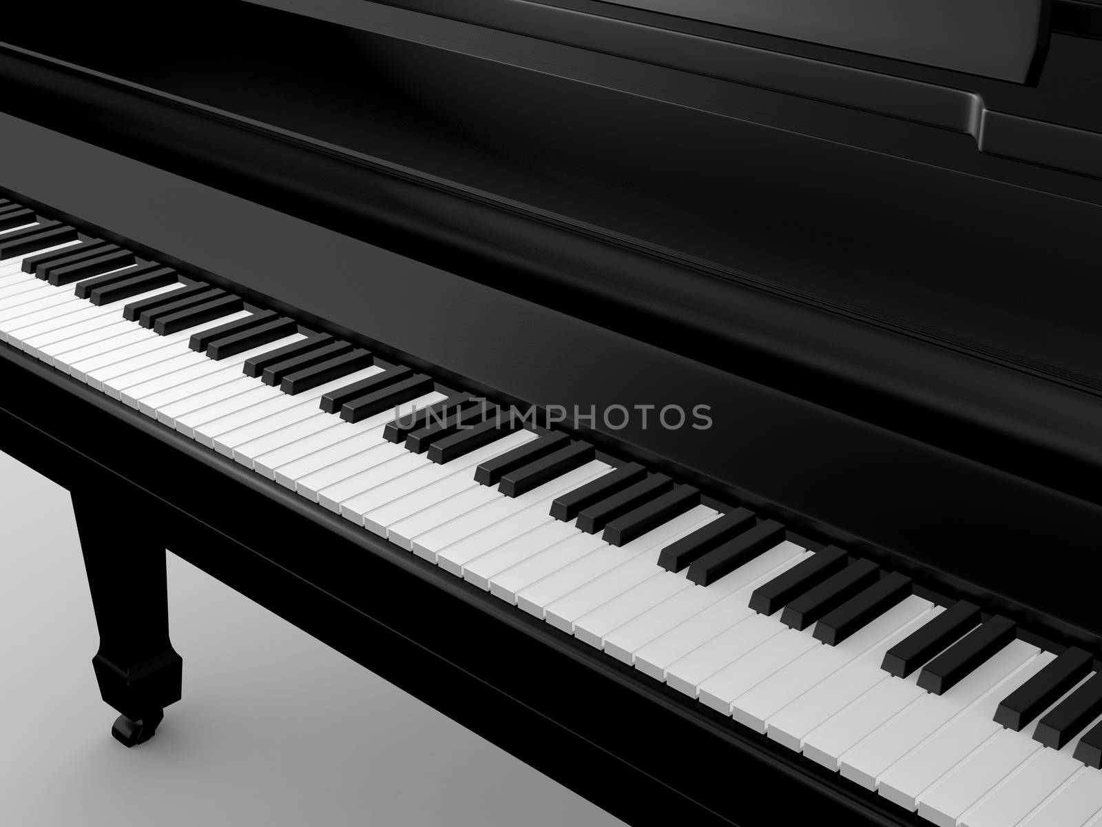Black grand piano and keys on white.