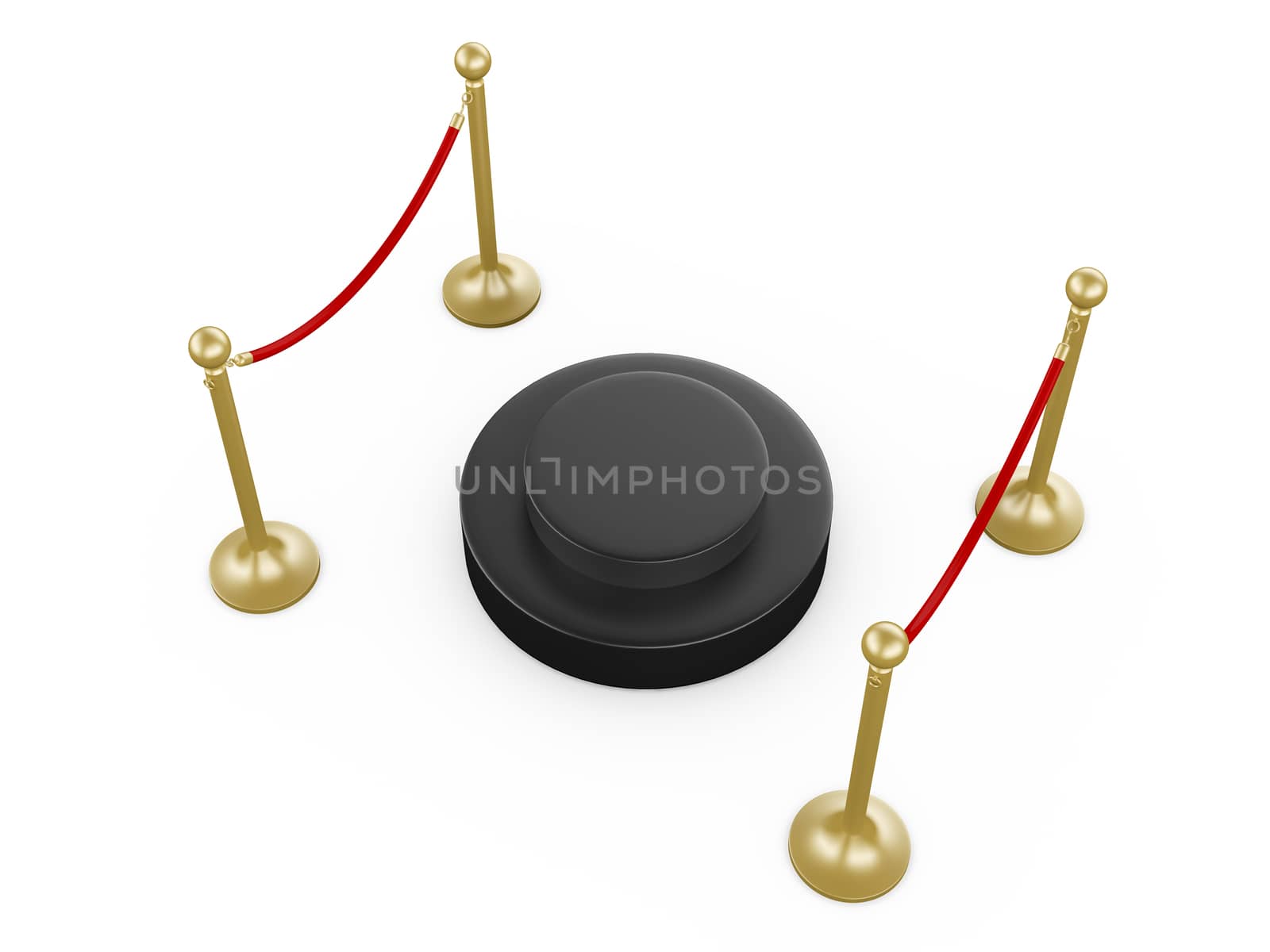 Golden fence, stanchion with red barrier rope and scene, isolated on white background.