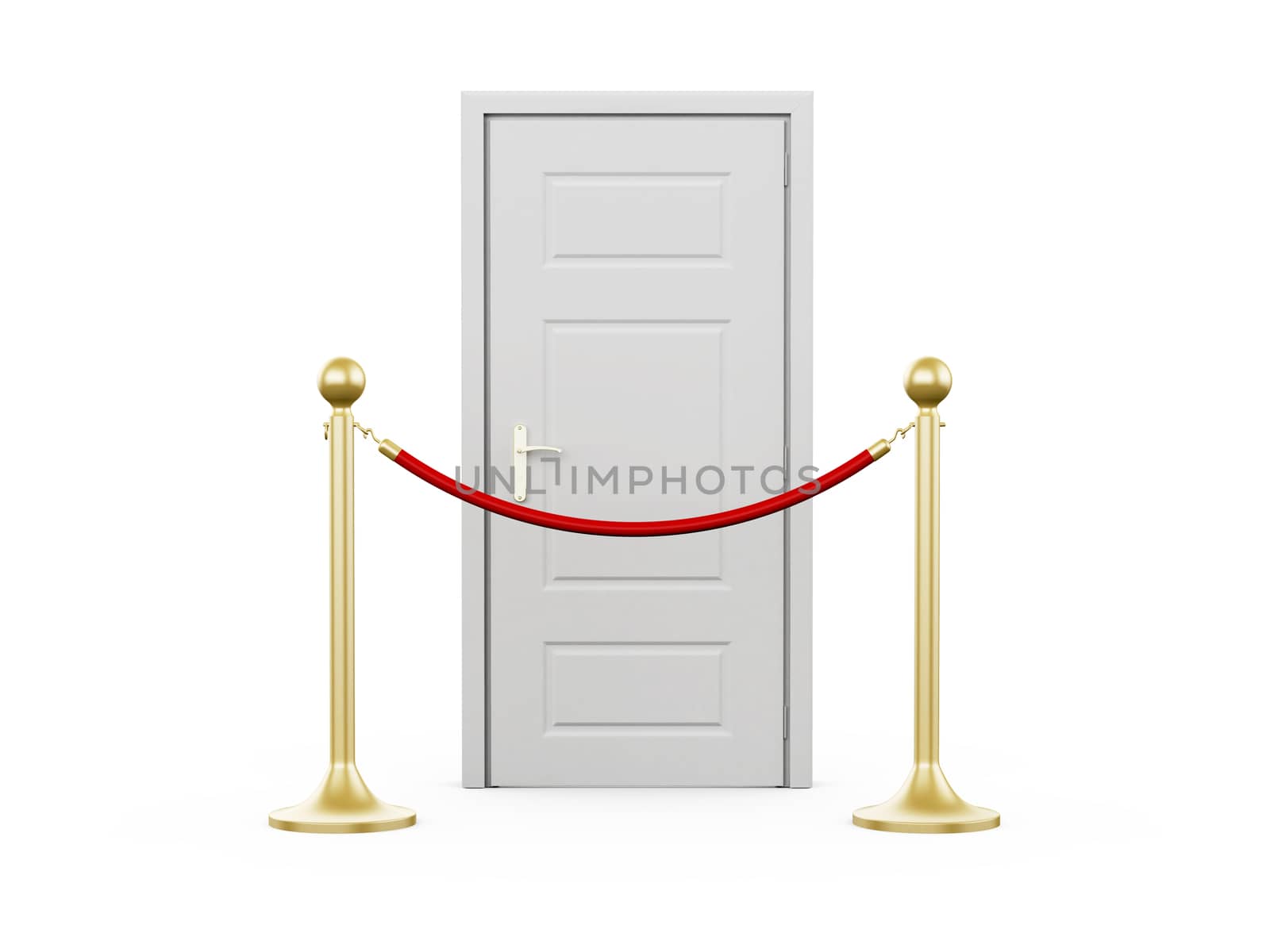Golden fence, stanchion with red barrier rope and door, isolated on white background.