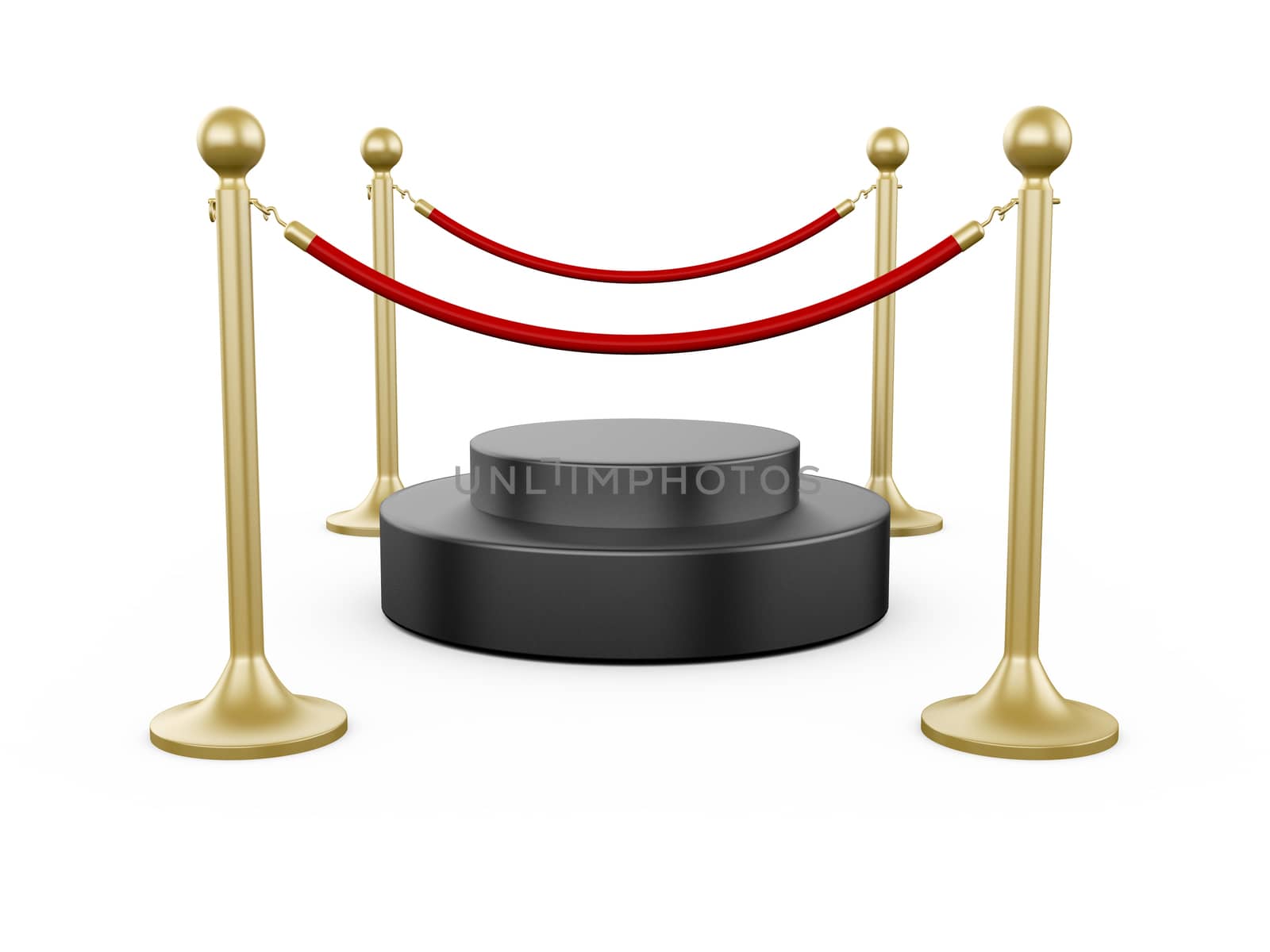 Golden fence, stanchion with red barrier rope and podium, isolated on white background.
