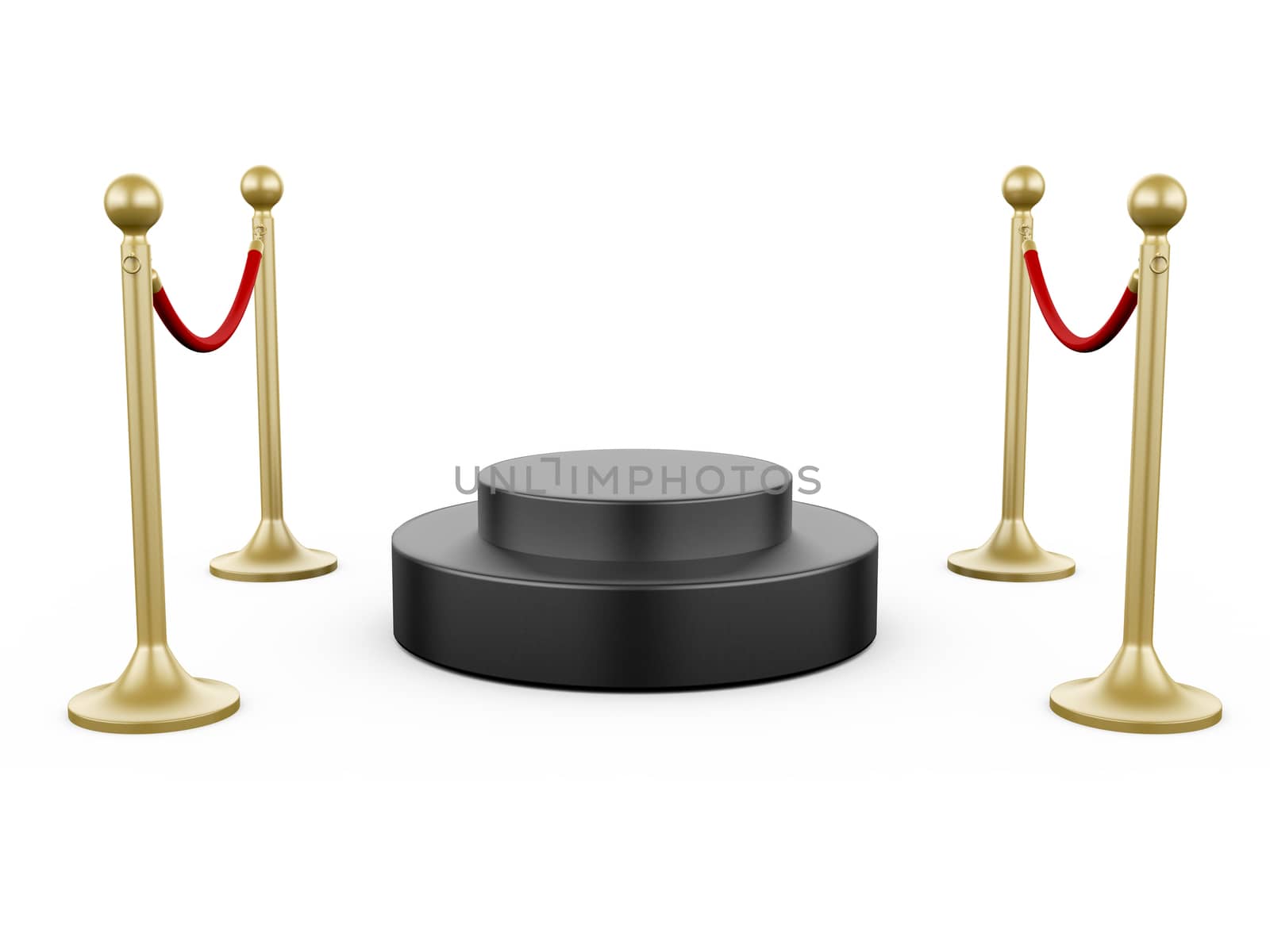 Golden fence, stanchion with red barrier rope and black platform, isolated on white background.