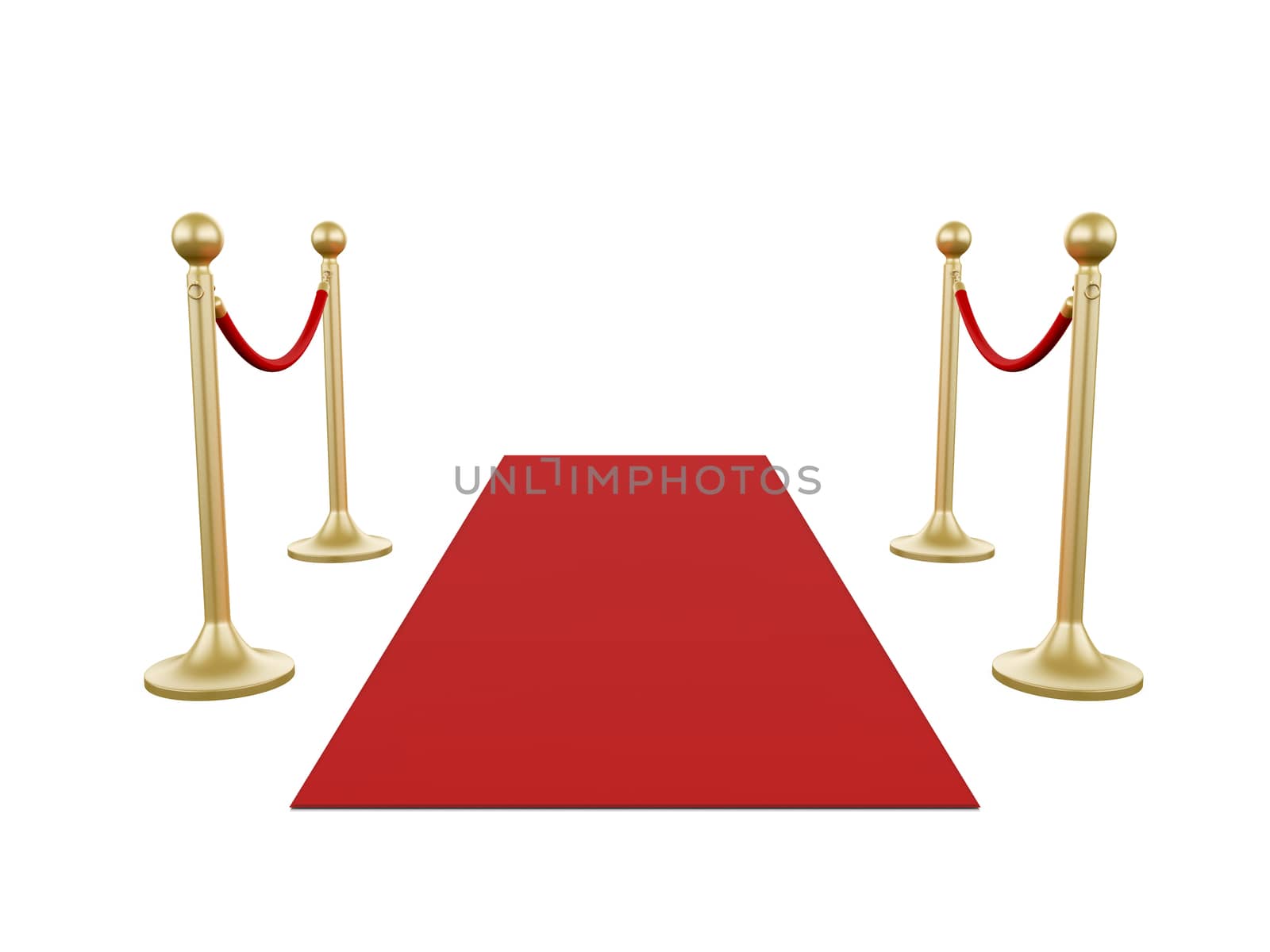 Golden fence, stanchion with red barrier rope and carpet, isolated on white background.