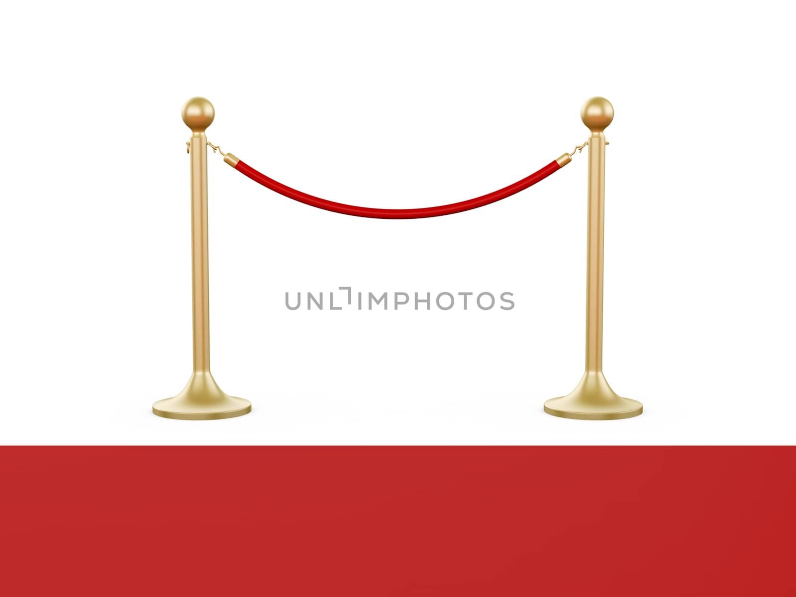 Golden fence, stanchion with red barrier rope and carpet, isolated on white background.