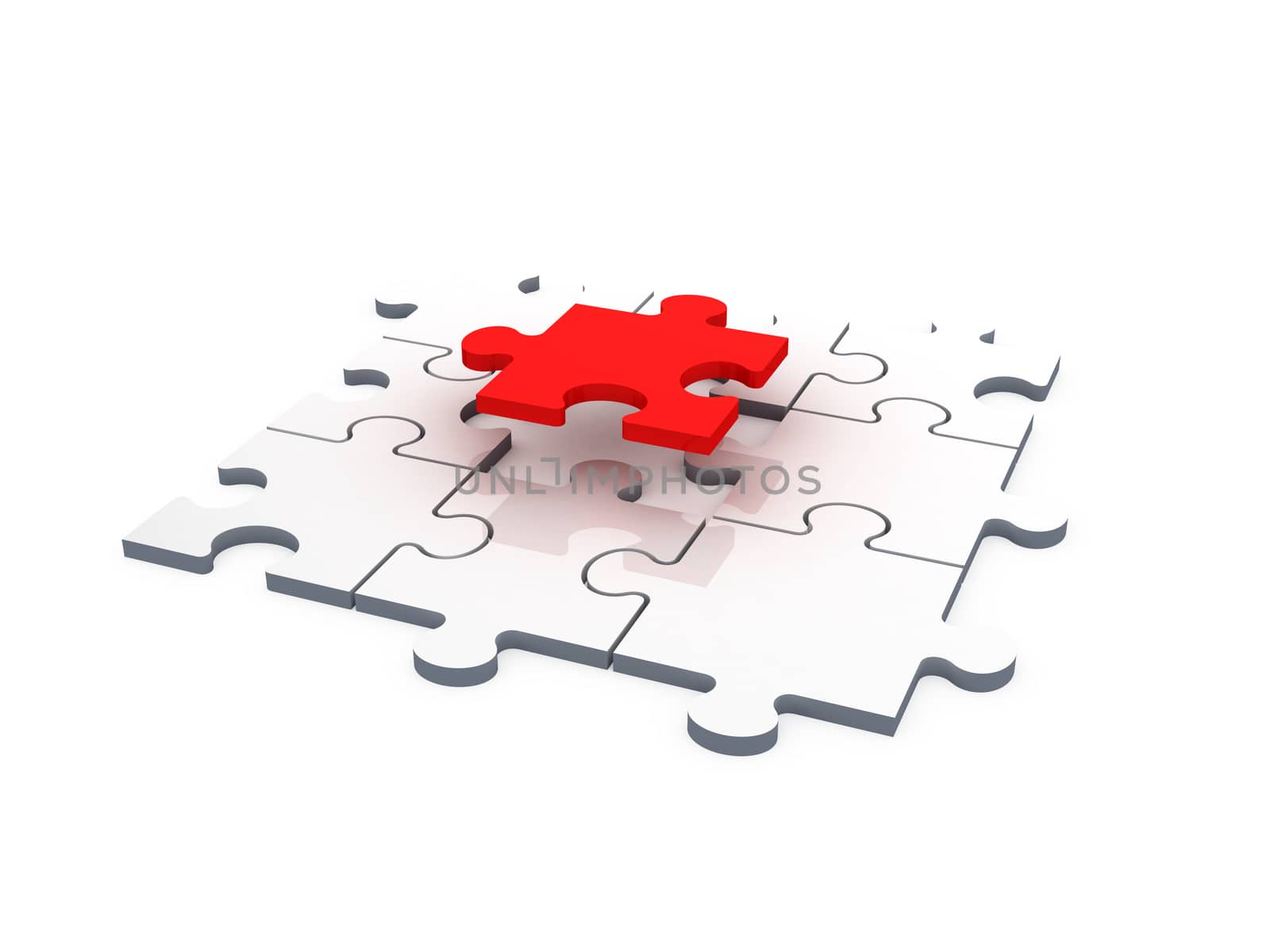 Red puzzle piece flying from its place, isolated on white background.