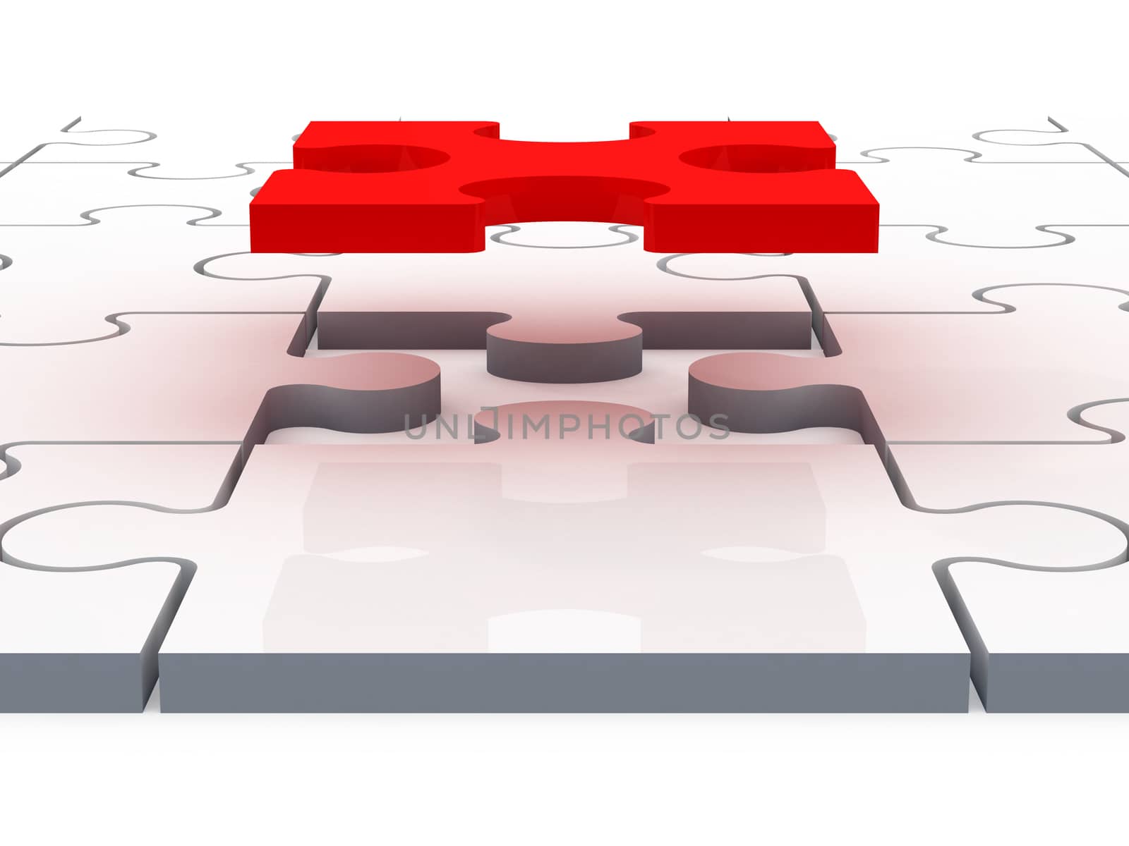 Red jigsaw puzzle piece completing or finishing white puzzle, isolated on white background.
