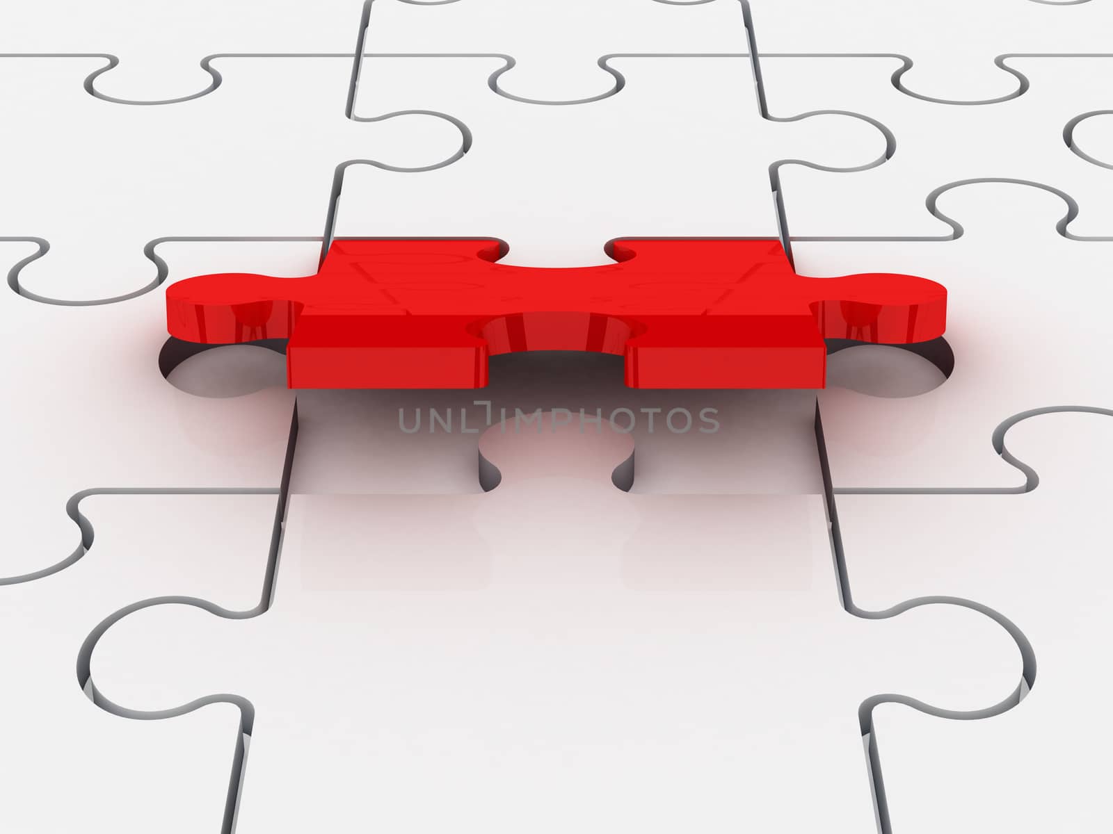 Last piece of jigsaw puzzle piece completing or finishing white puzzle, isolated on white background.