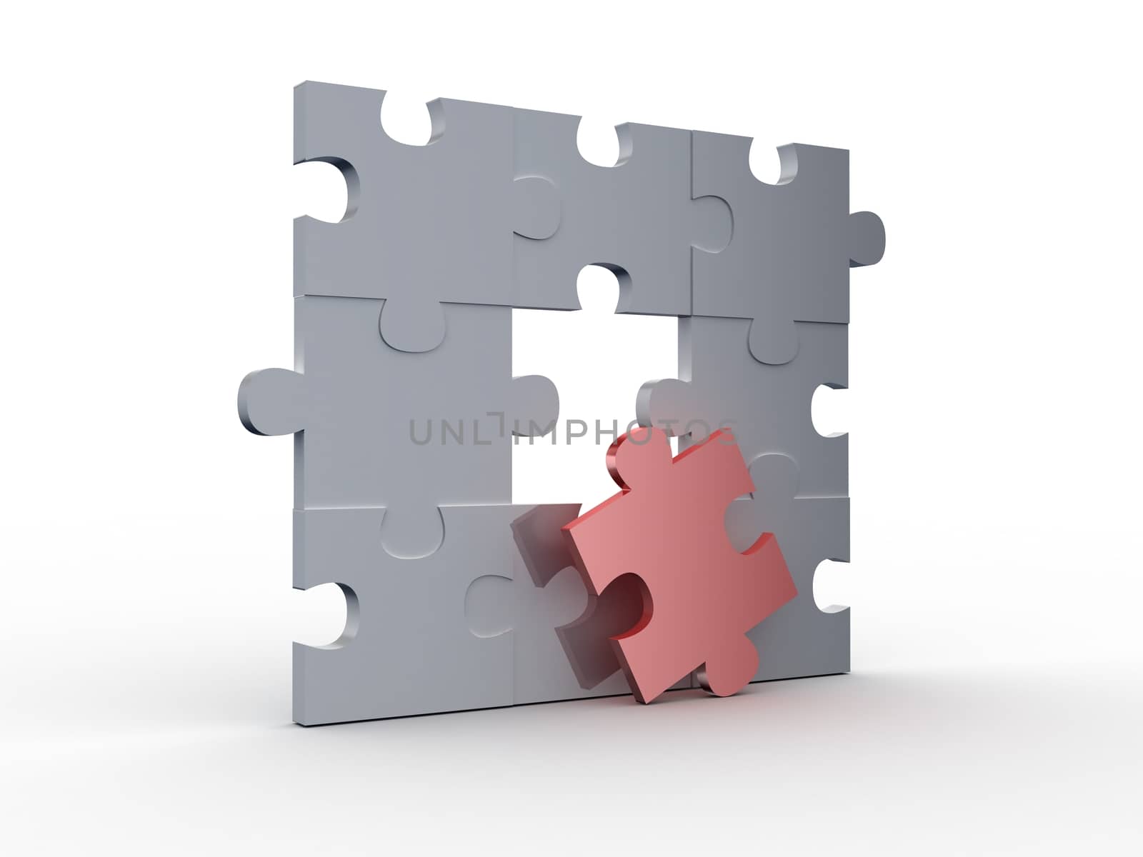 Red puzzle piece in front of the incomplete puzzle, isolated on white background.