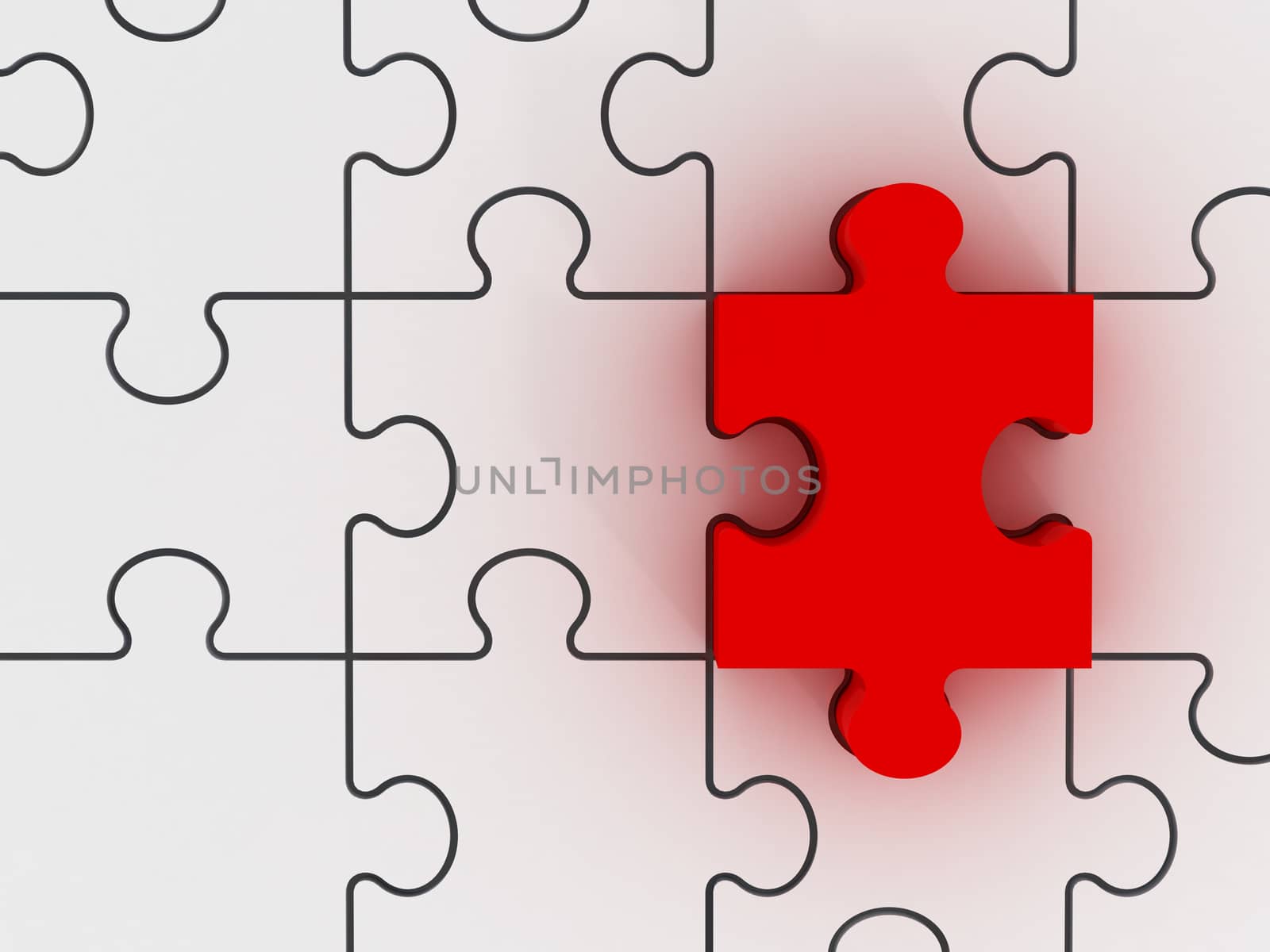 Red puzzle piece standing out from other white pieces.