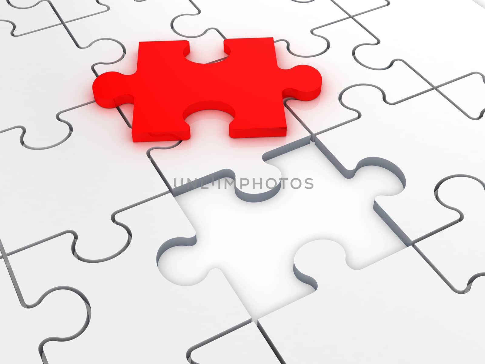 Red puzzle piece out from its place, isolated on white background.
