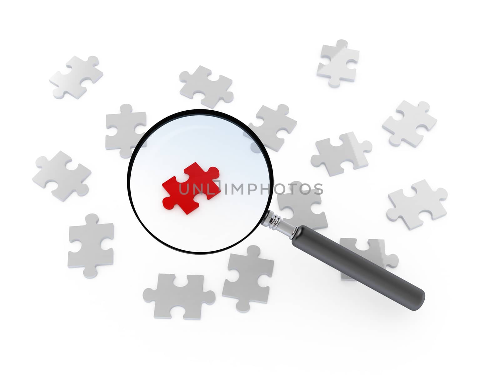 Outstanding concept, red puzzle piece standing out from the crowd, magnifying glass focusing on it, searching or analyzing, isolated on white background.