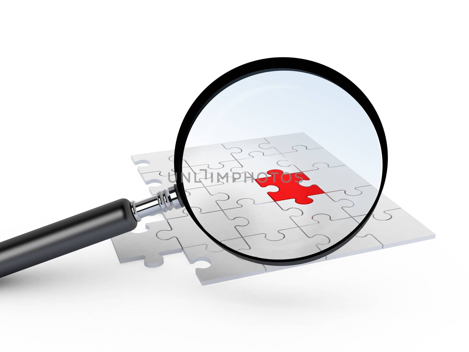 Magnifying glass focusing on red jigsaw puzzle piece, different from others, isolated on white background.