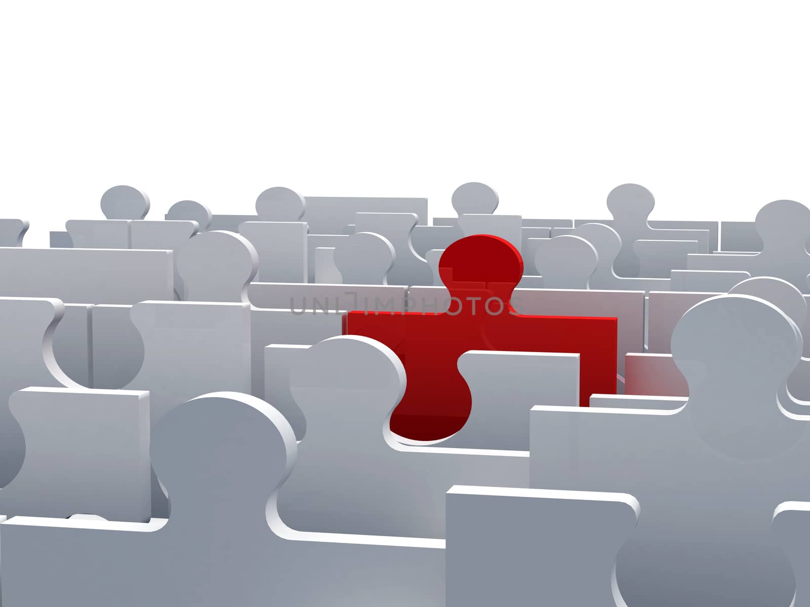 Business concept, red jigsaw puzzle piece standing out from the crowd, isolated on white background.