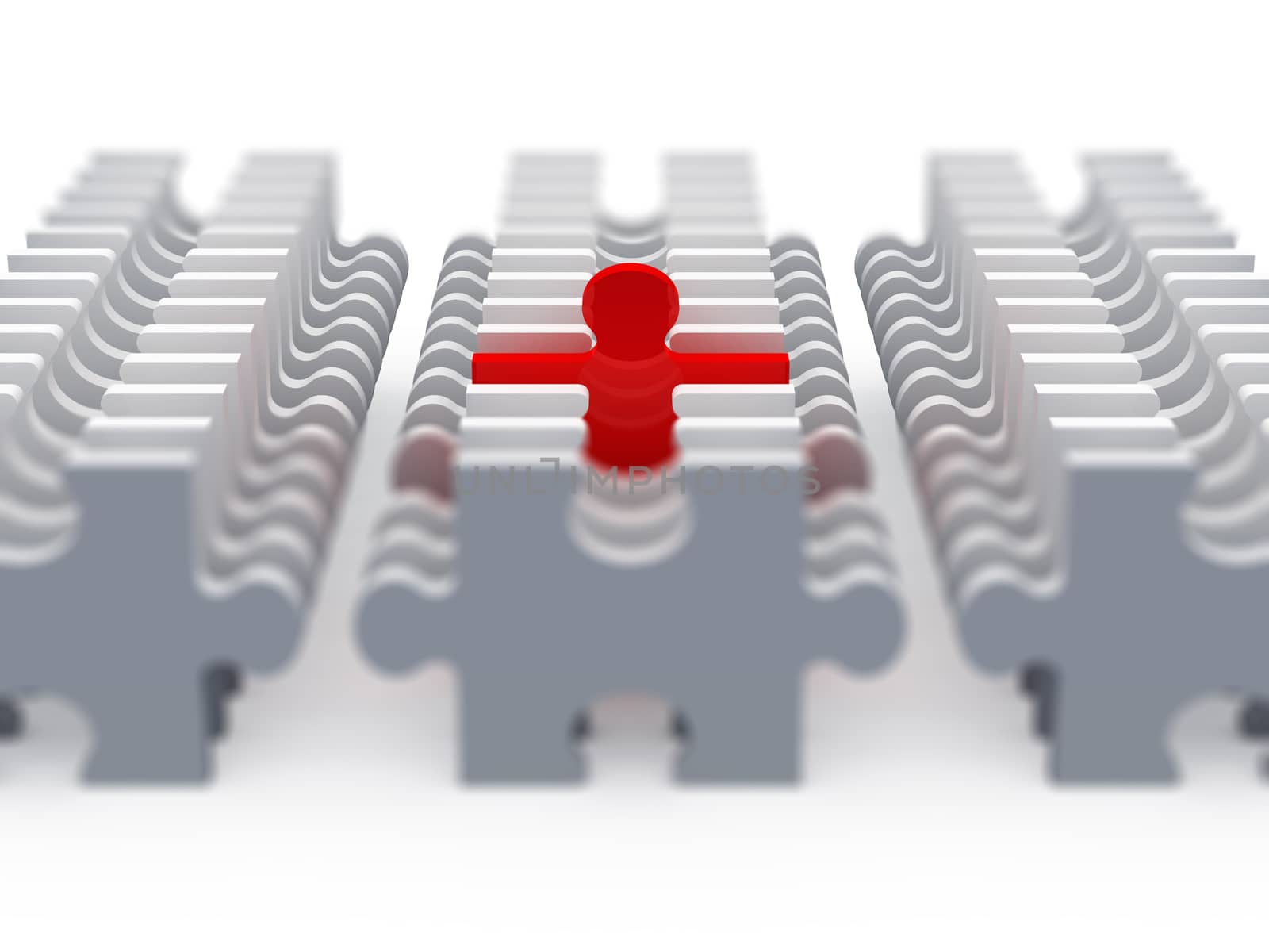 Business concept, red jigsaw puzzle piece standing out from the crowd with depth of field, isolated on white background.