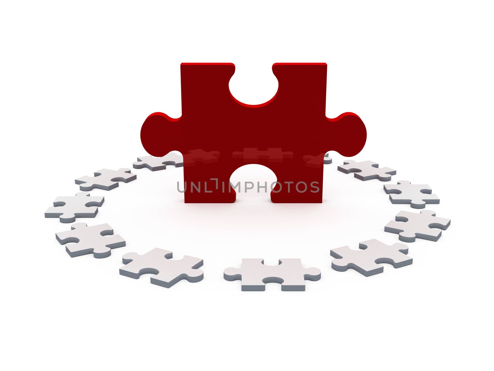 Red puzzle piece among white pieces, isolated on white background.