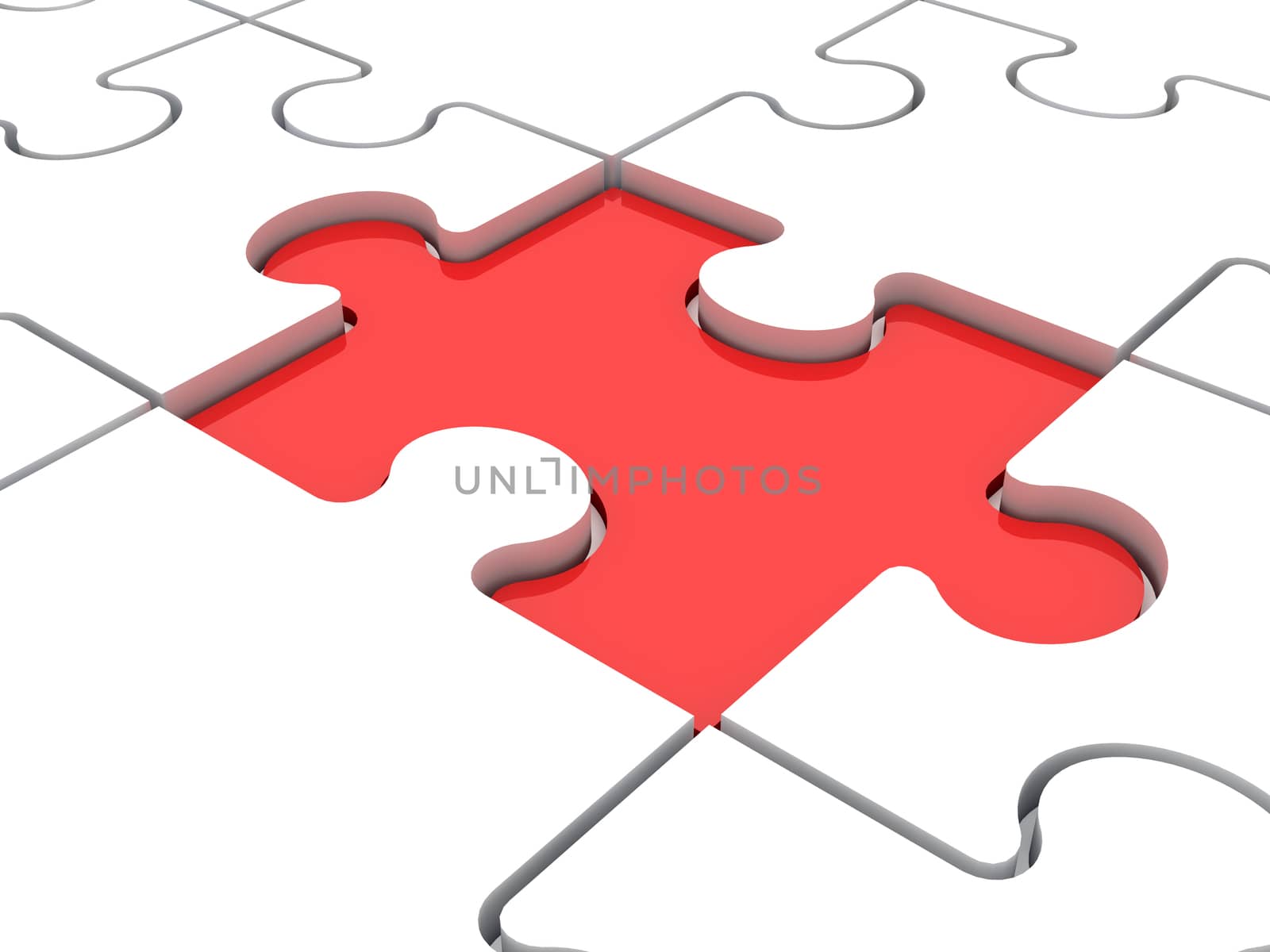 Red puzzle piece lower than white jigsaw pieces.
