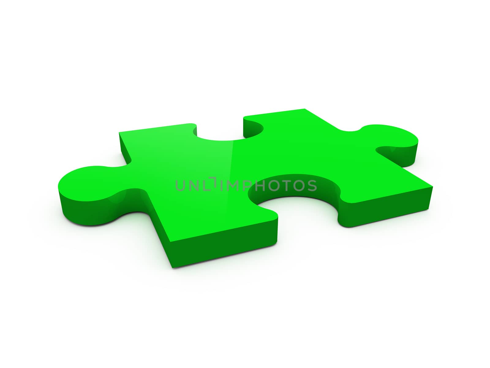 Single green shiny puzzle piece, isolated on white background.