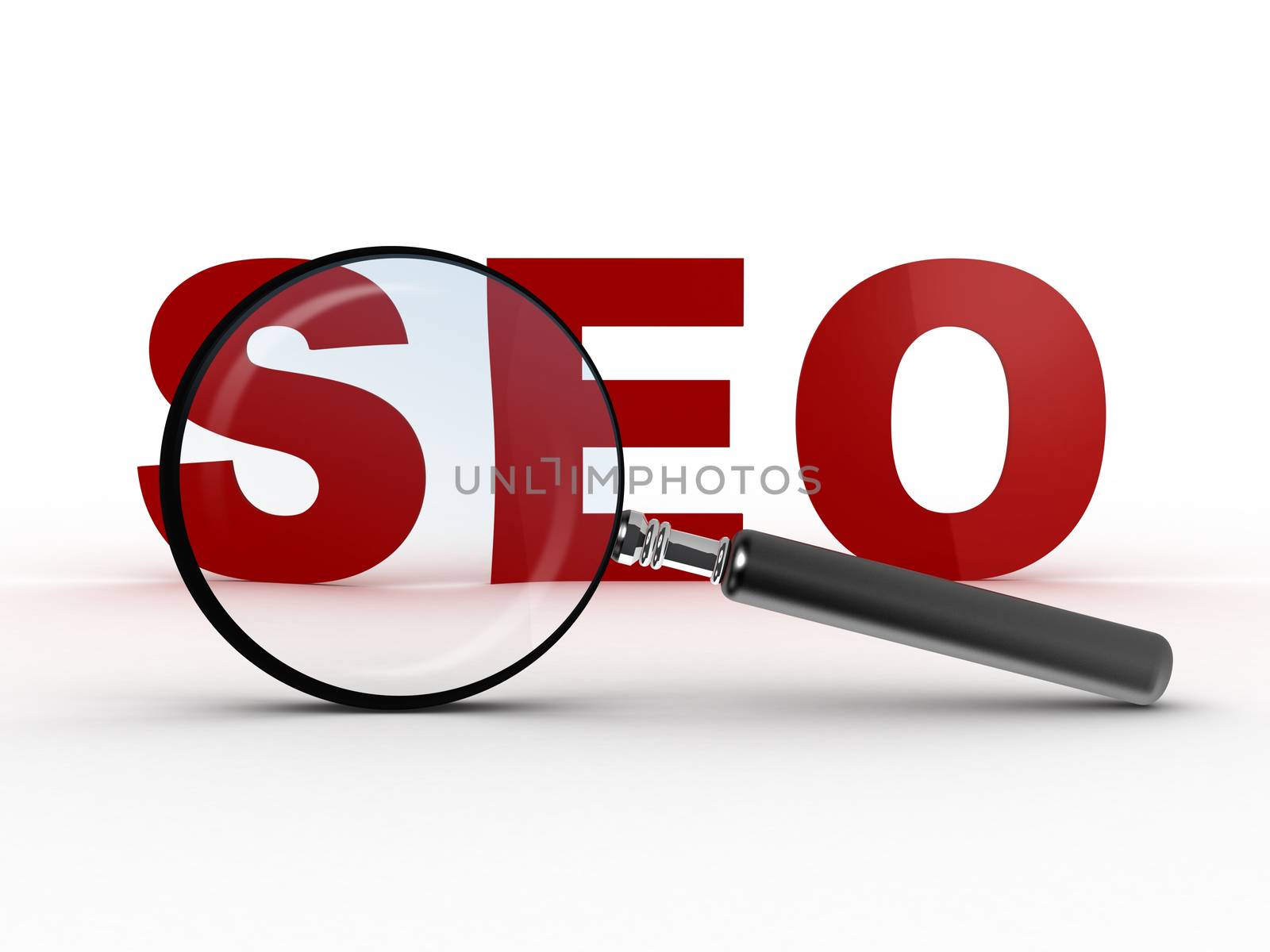 Magnifying glass and red seo text, isolated on white background.