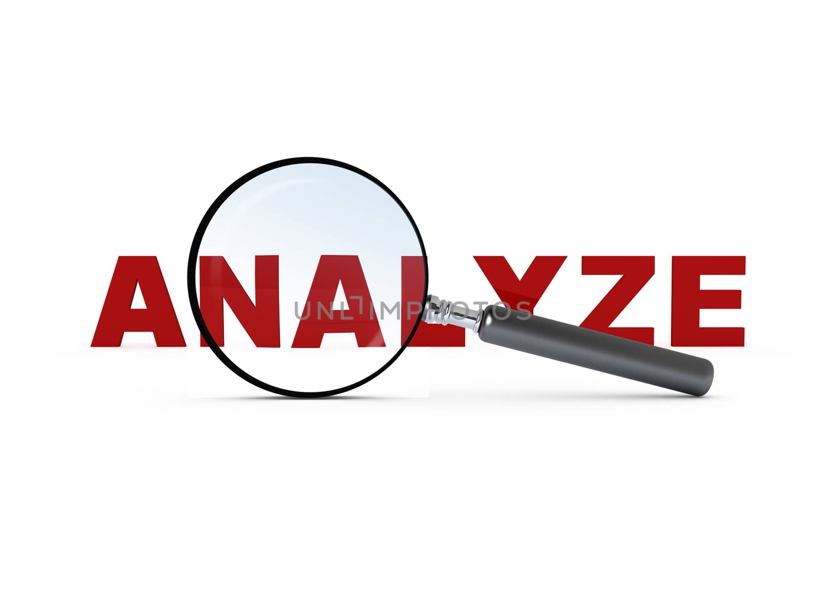 Magnifying glass and red analyze text, isolated on white background.