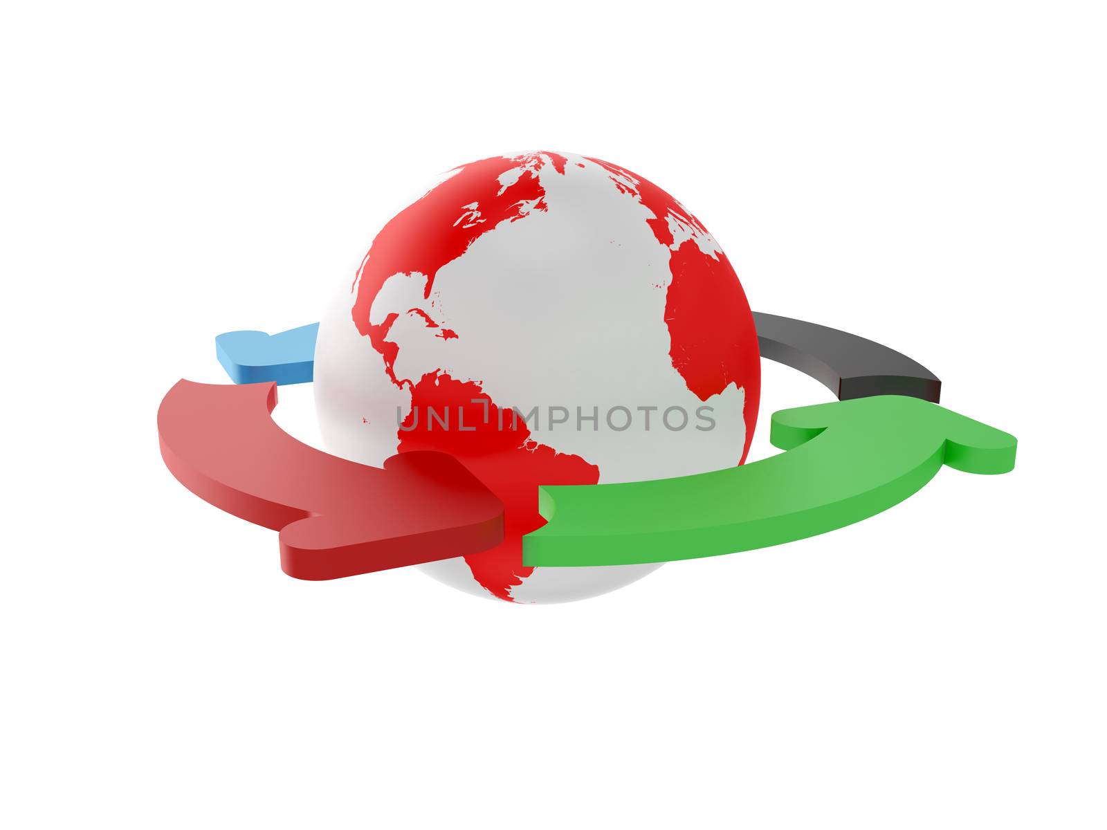 Colorful arrows rotating on earth axis, isolated on white.