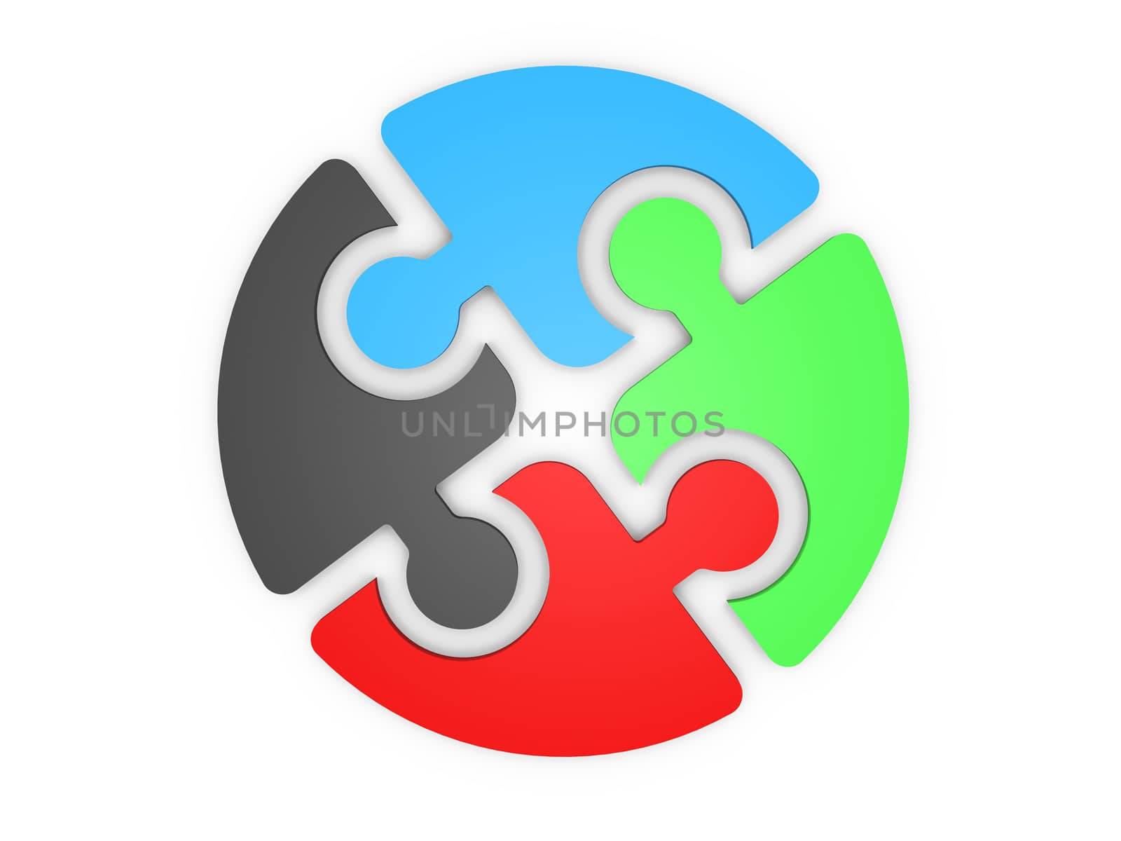 Colourful puzzle pieces gathered together, isolated on white.