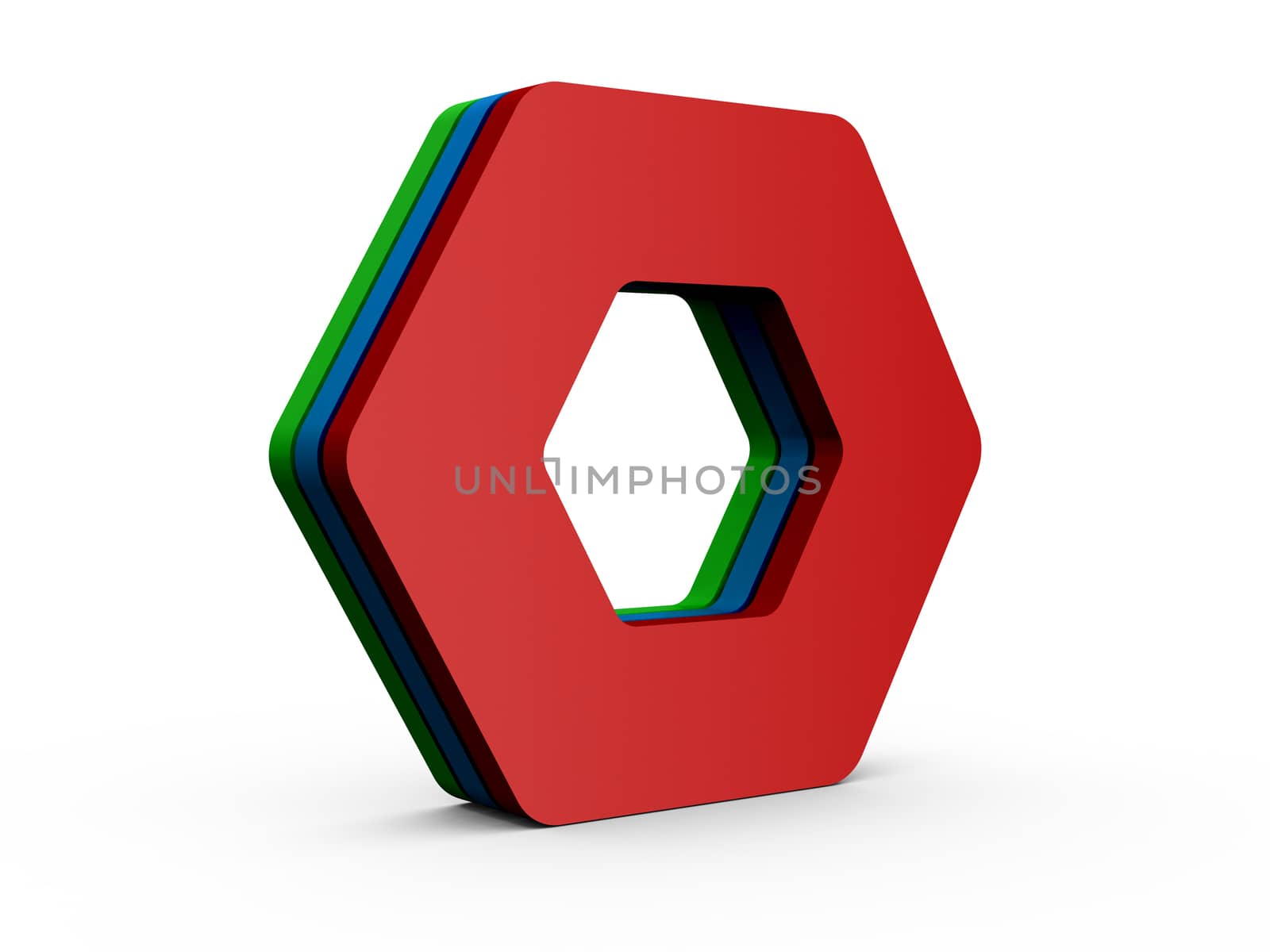 Three colorful hexagon shapes lined up, isolated on white.