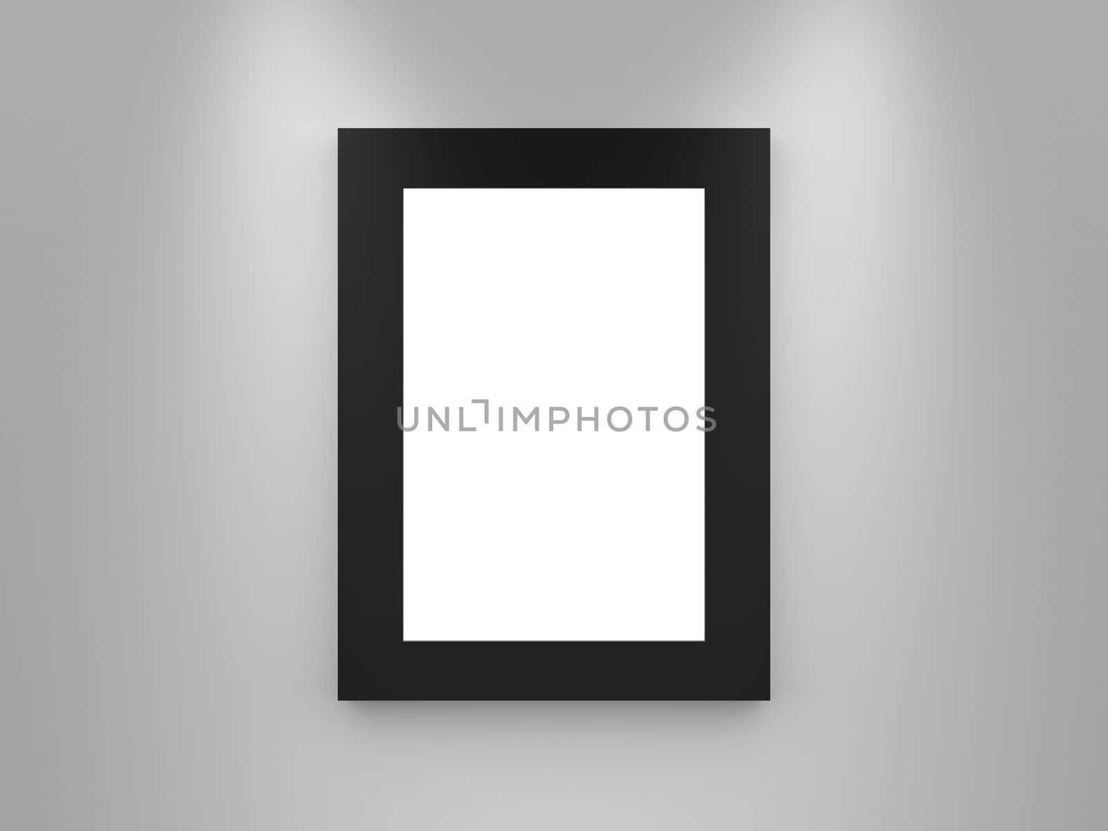Modern single blank gallery frame, black border, interior scene, advertisement board on white wall. lights from top.